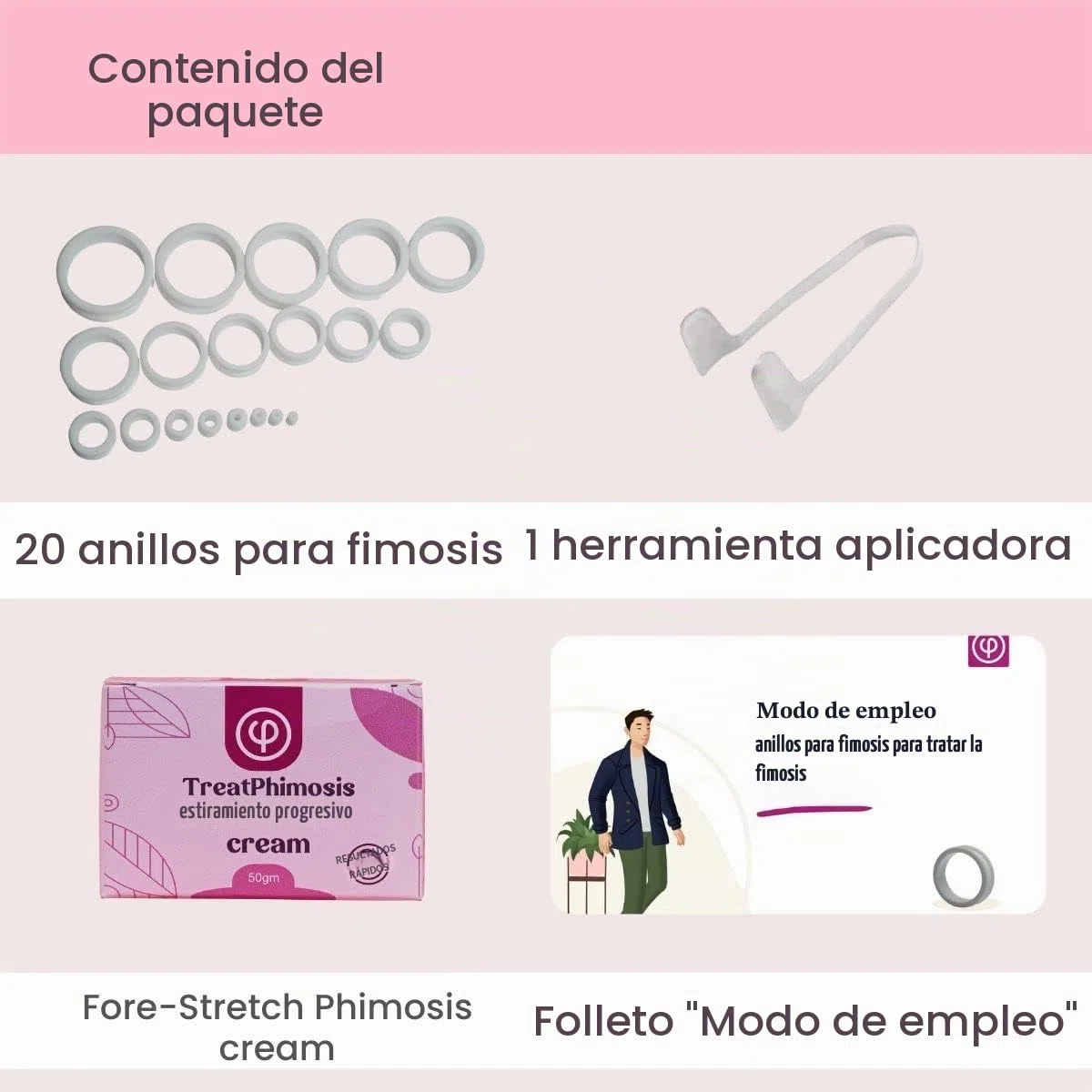 Vajraang Anillos de estiramiento de fimosis (juego de 20 anillos) con crema de estiramiento frontal, herramienta y folleto "Cómo usar", blanco, 3, 4, 5, 6, 8, 10, 12... 38 mm