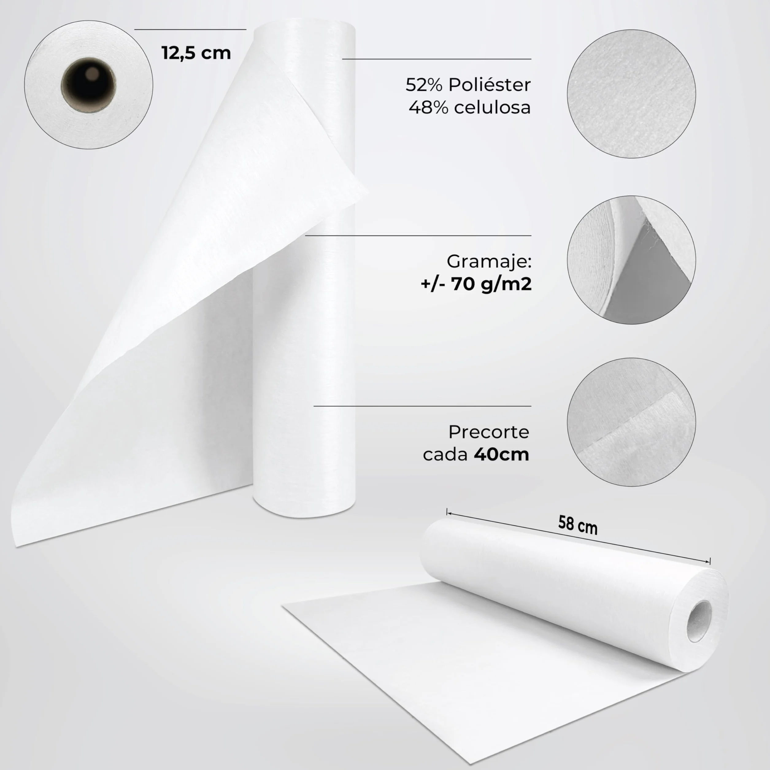Papel Camilla Fiselina Extrasuave Blanco Precortado a 40 cm | Rollos de Papel Camilla de Poliéster y Celulosa (3 Rollos)
