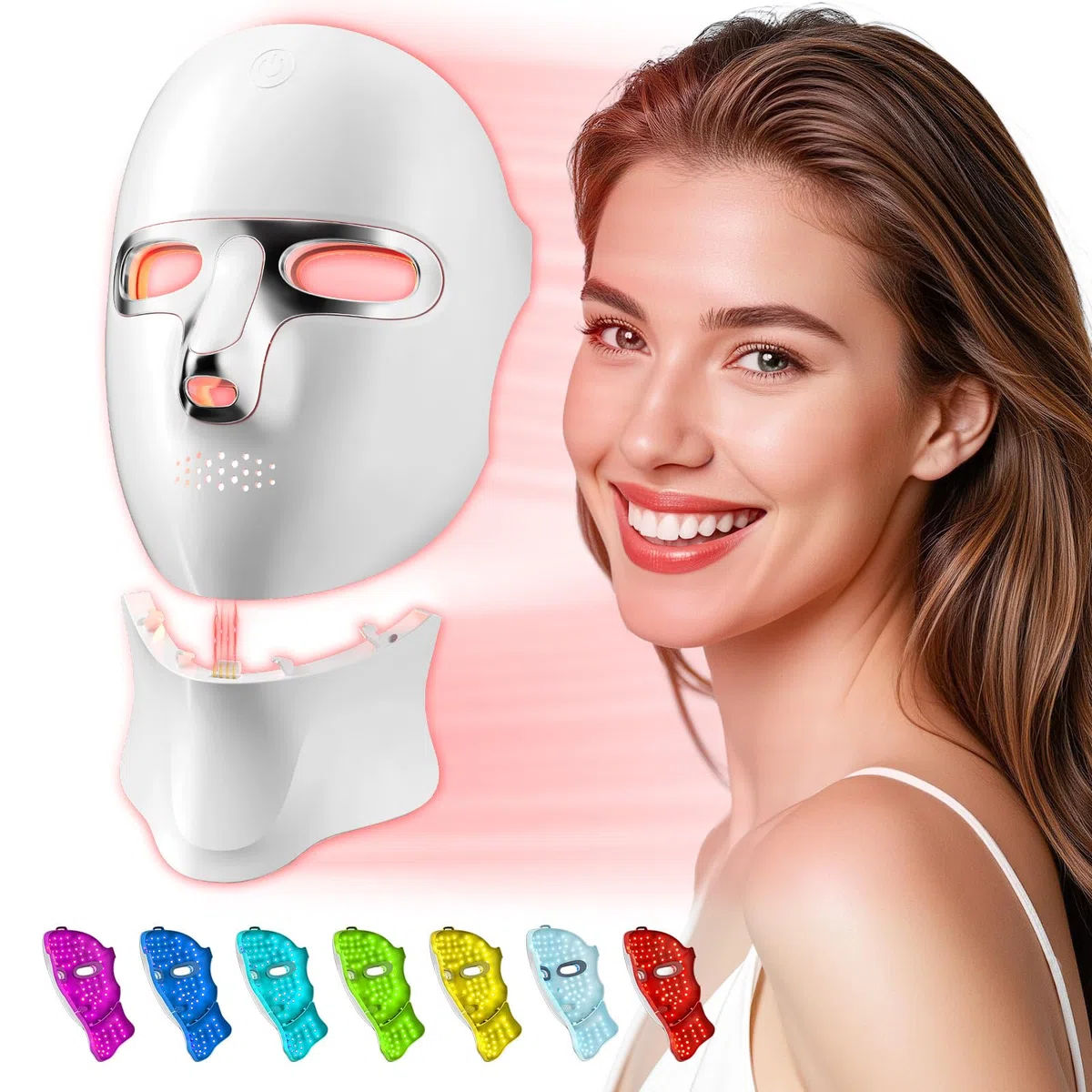Máscara LED para Cara y Cuello Recargable USB-C con 7 Modos de Luz Diseño Inalámbrico para Uso Diario Hogar Viajes Yoga (Plata)