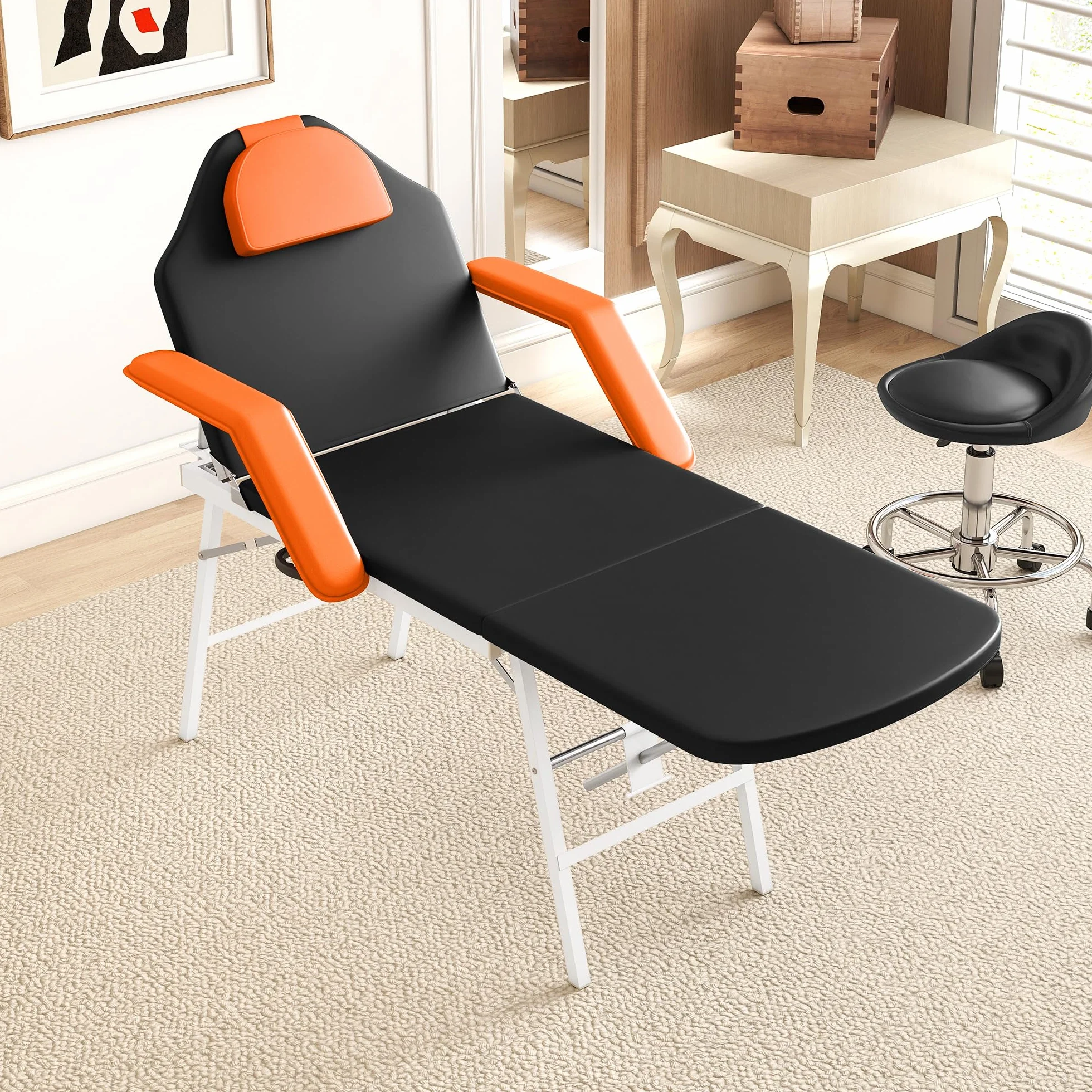 HOMCOM Camilla Masaje Plegable Portátil 3 Zonas Respaldo Soporte Piernas Ajustables Reposacabezas Extraíble Reposabrazos Acolchados SPA 182x82 cm Naranja