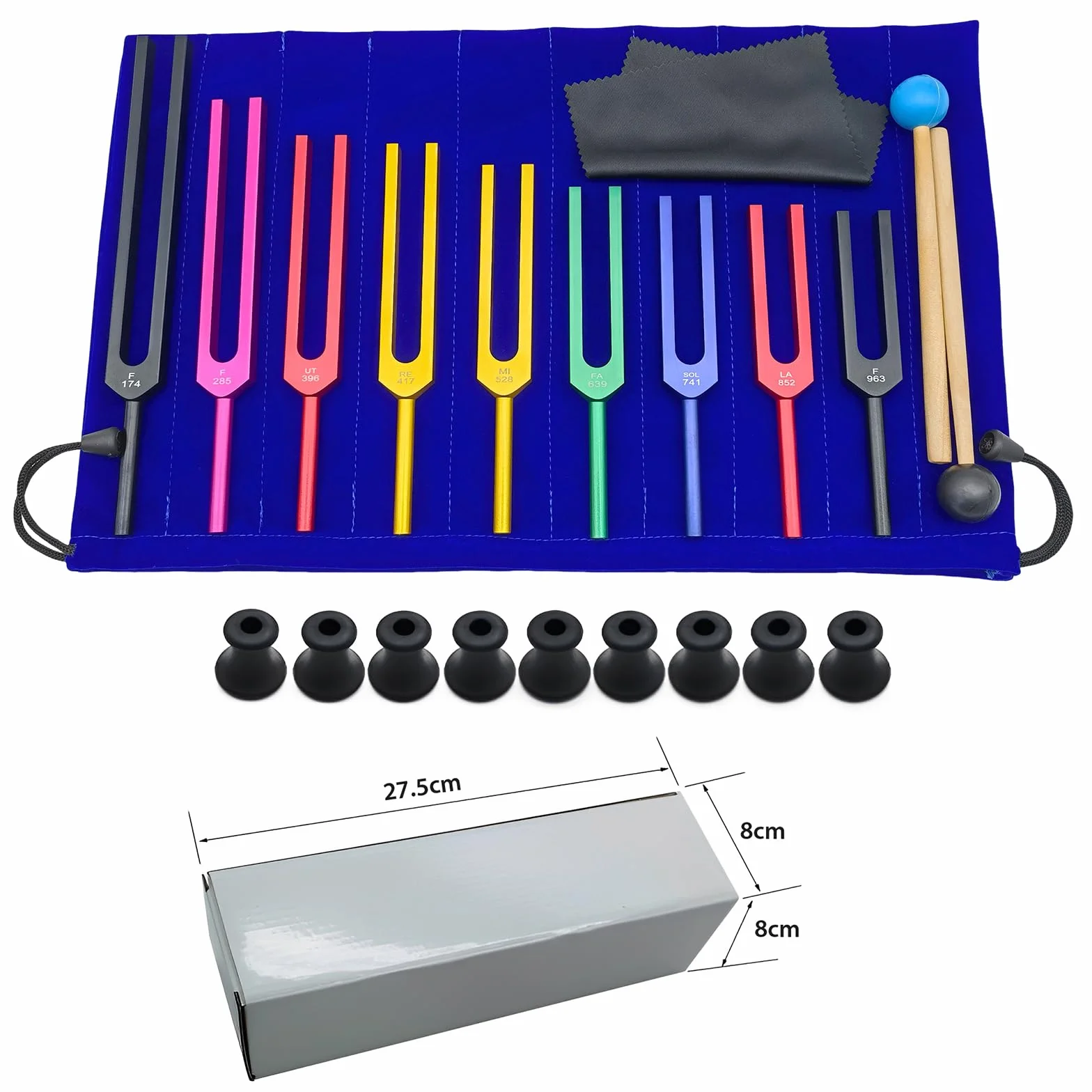 Diapasón Solfeggio, Set de 9 Diapasones de Colores en Aleación de Aluminio con 2 Martillos de Silicona, para Yoga y Relajación (174 Hz, 285 Hz, 396 Hz, 417 Hz, 528 Hz, 639 Hz, 741 Hz, 852 Hz, 963 Hz)