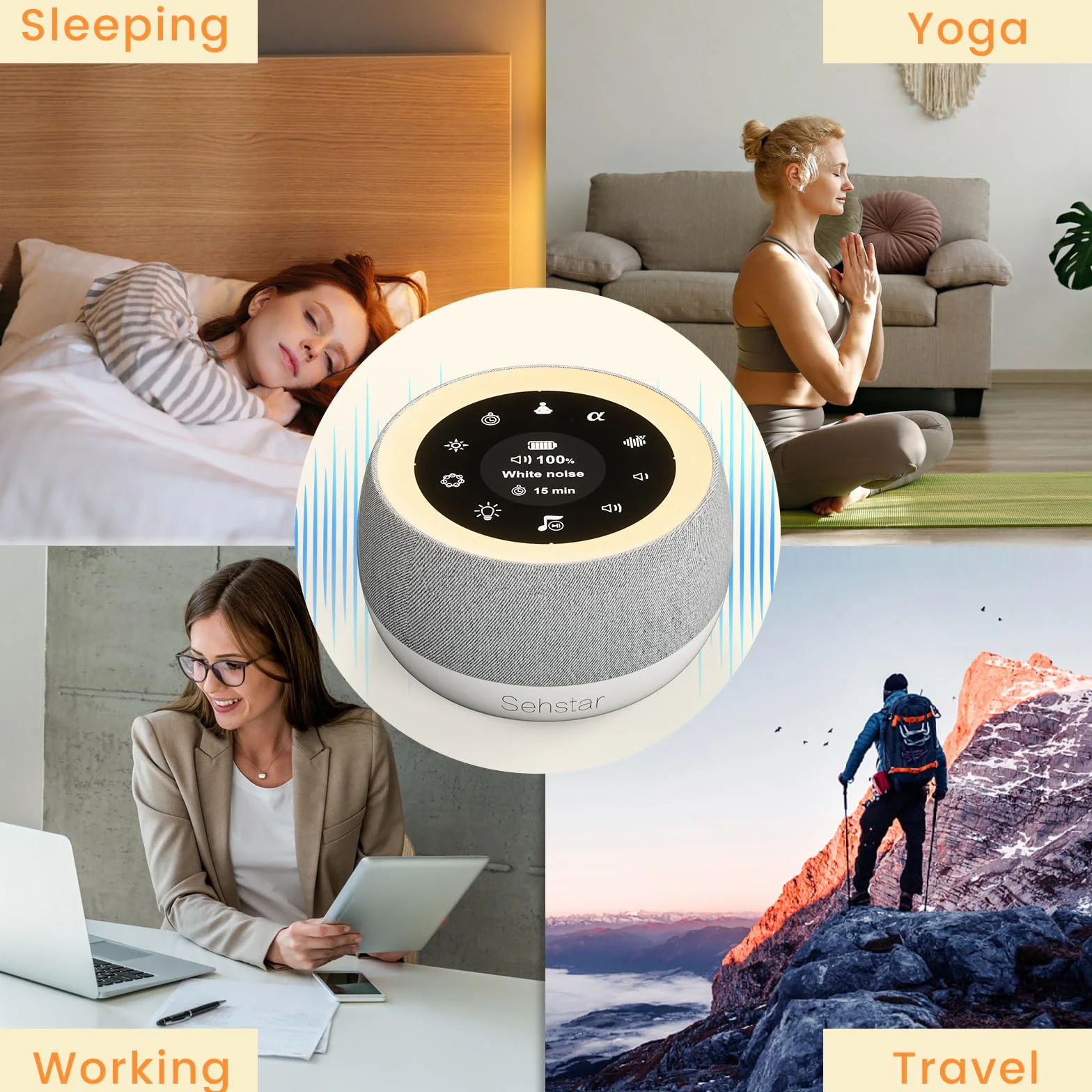 Máquina de Ruido Blanco Terapia de Sonido para Dormir 22 Ruidos Blanco/5 Yoga/5 α-Wave 7 Colores Luz Táctil