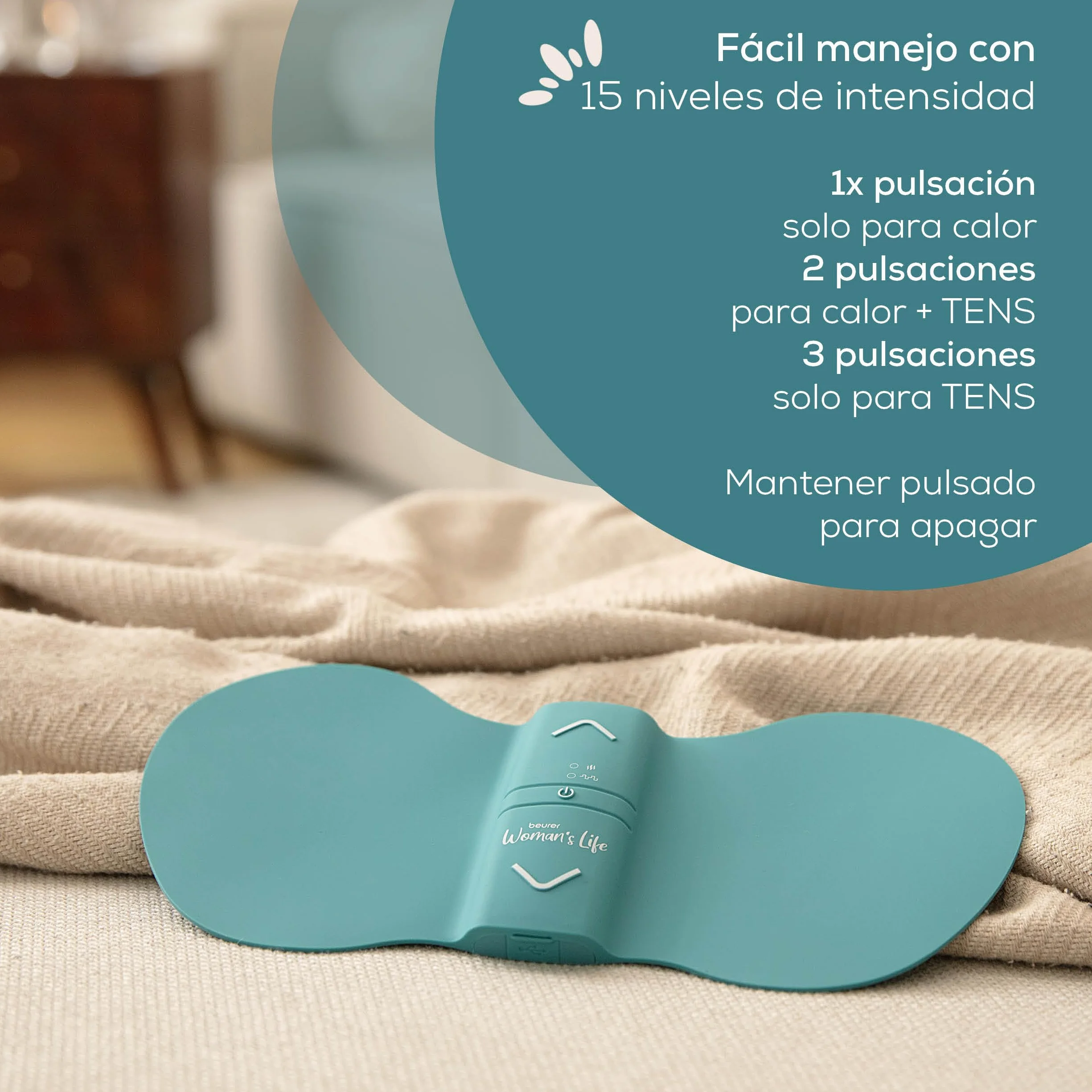 Beurer EM 55 Menstrual Relax+ TENS calor batería recargable dolor menstrual endometriosis turquesa