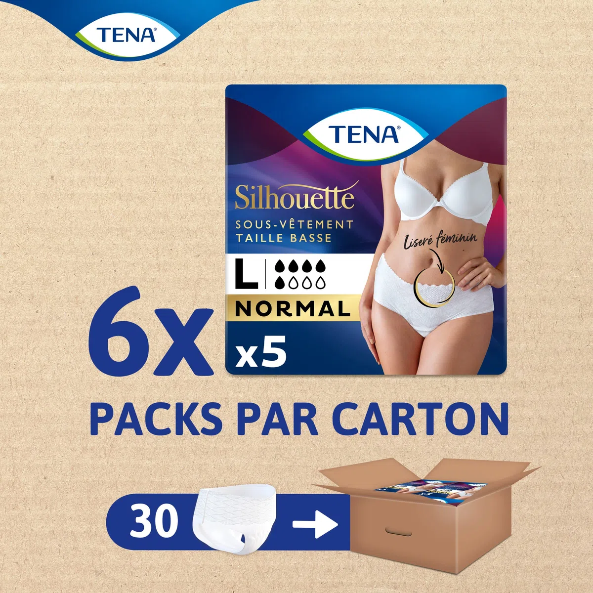 Tena Silhouette Braguitas desechables de cintura baja, absorbentes, elásticas, para mujeres, talla L, 6 Paquetes x 5 piezas