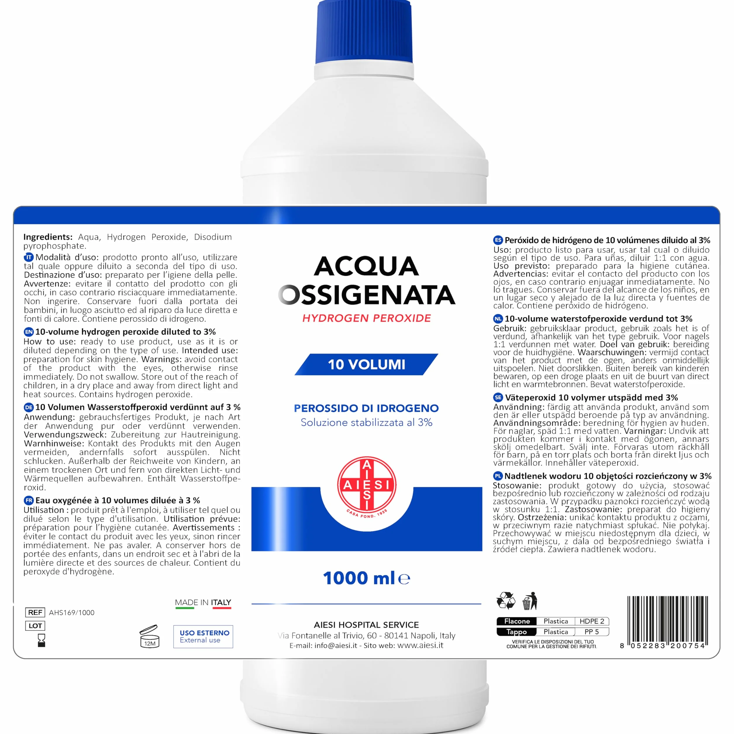 AIESI® Agua Oxigenada Ph.Eur. desinfectante (12x1000 ml) con tapa de seguridad para niños, Made in Italy