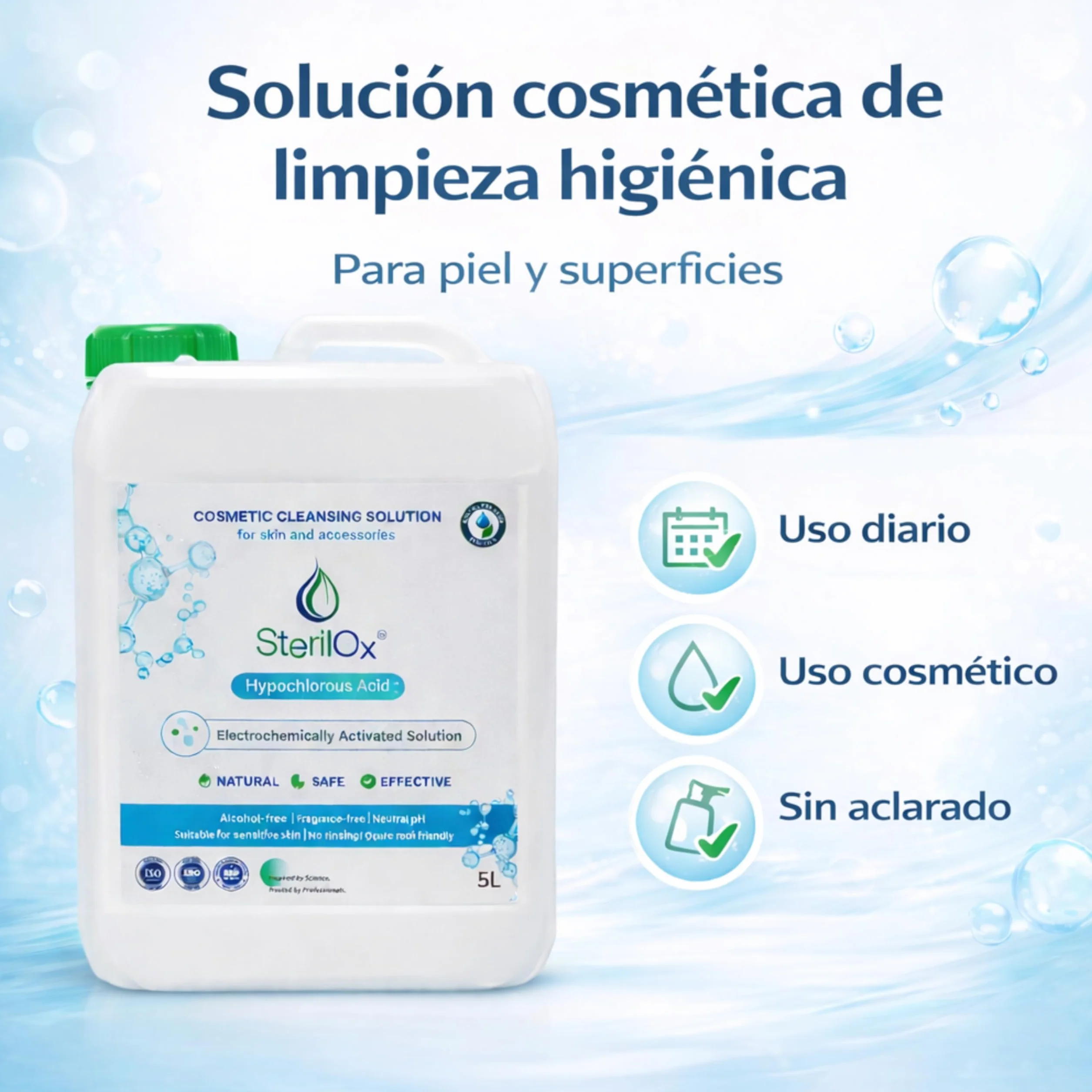 5L Solución Cosmética de Limpieza Higiénica para Piel y Superficies – Ácido Hipocloroso (HOCl), Sin Alcohol, Sin Perfume, Sin Aclarado, Uso Profesional y Doméstico