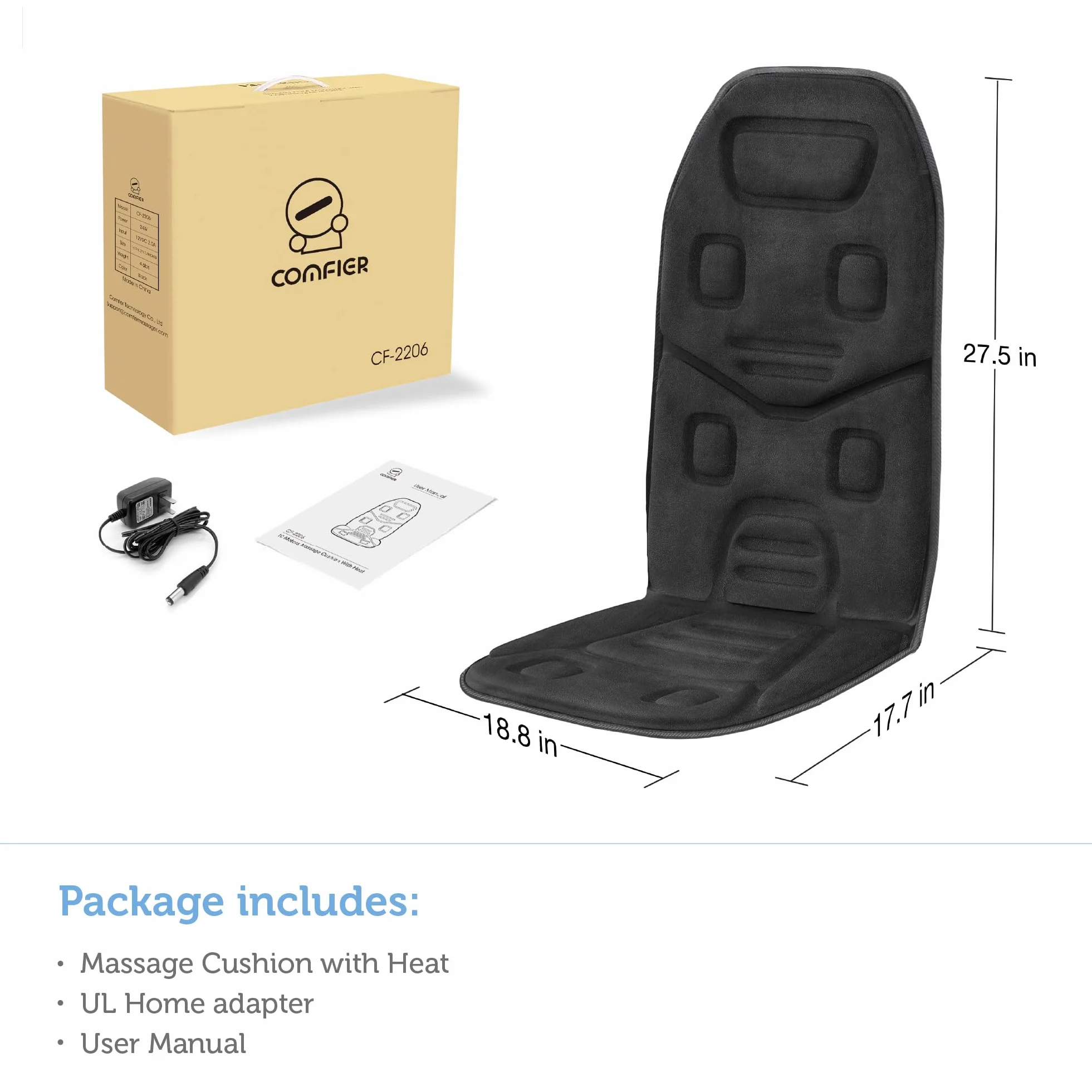 COMFIER Asiento de Masaje Eléctrico 10 Motores Vibrantes Almohadilla Térmica 2 Terapias Apagado Automático