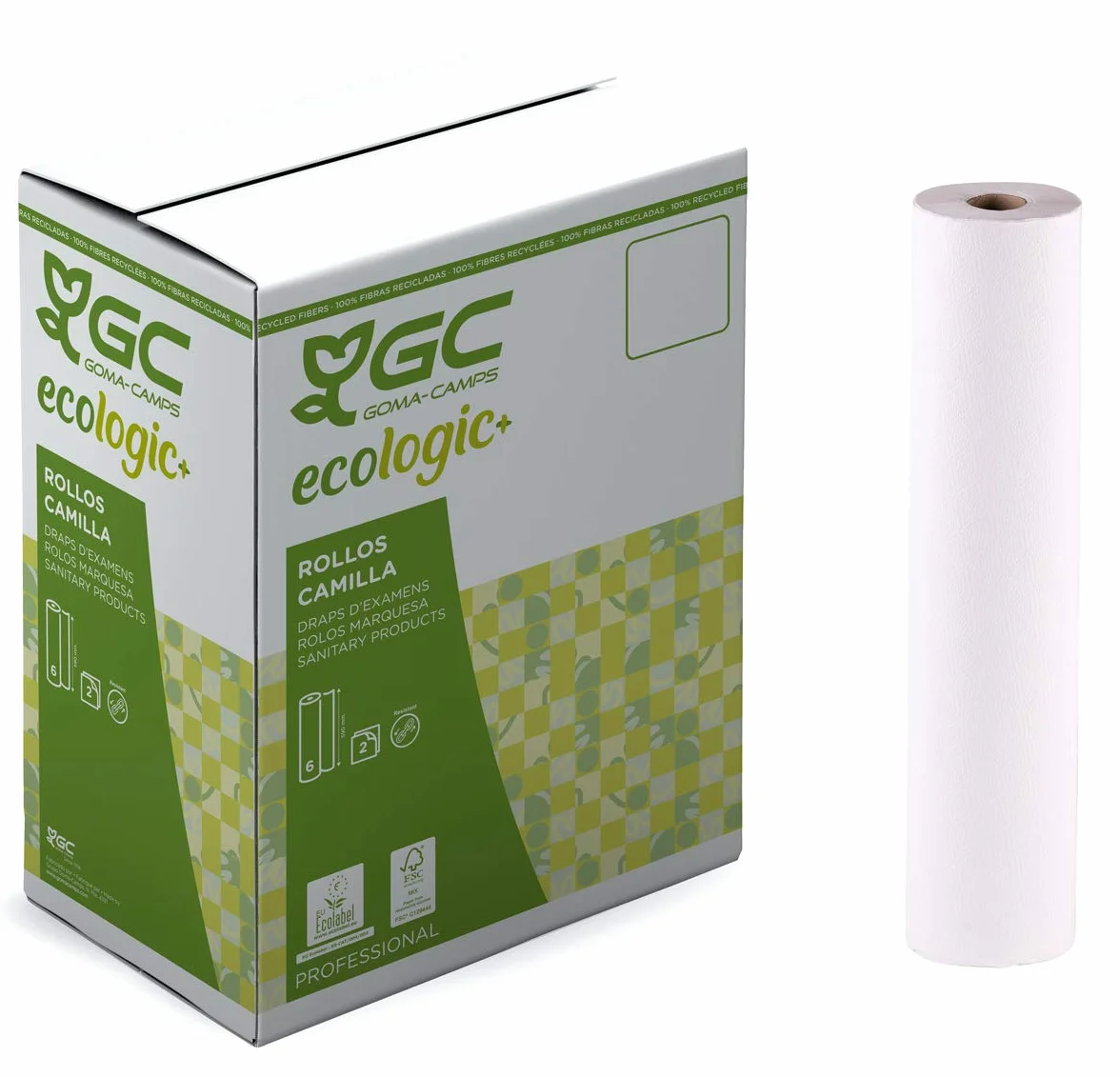 Gomà-Camps - Pack 6 x Rollos Camilla ADD SYSTEM, 80 Mts x 200 Cms, Anchura de 590 Mms | Papel Reciclado Precortado, Doble Capa, Natural, Ecológico, FSC Recycled, Sábanas Desechables Para Camillas