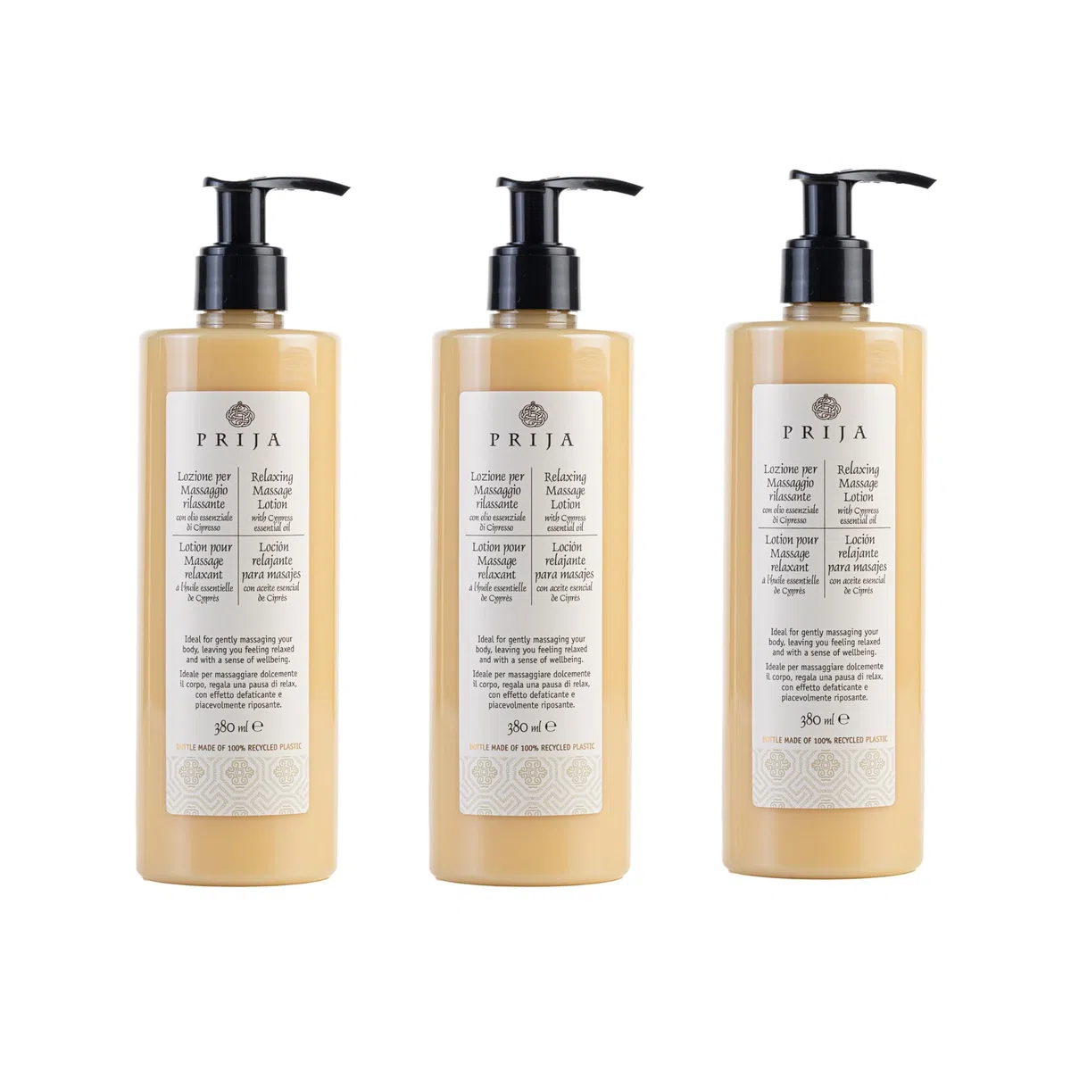 Prija - Loción de Masaje Producción Italiana - Aroma de Ciprés, 380 ml x3 - Fórmula Hidratante y Calmante, Dermatológicamente Testada