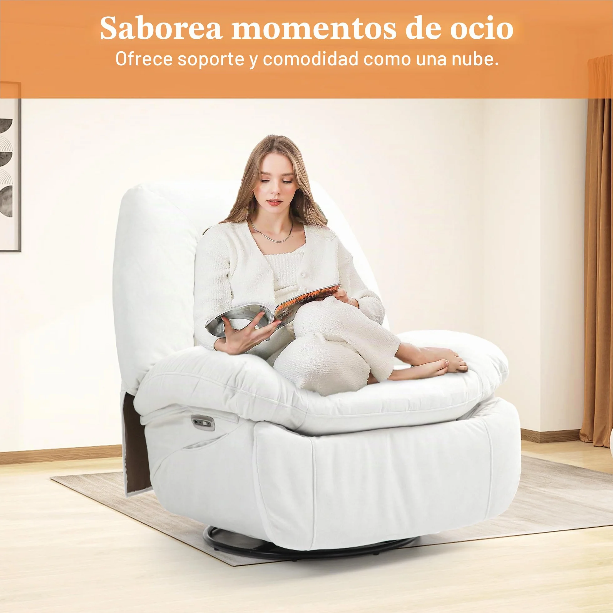 Sillón de Relax Eléctrico con Masaje, Calefacción y Vibración, Giratorio, Puertos USB-C, Reclinable para TV, Salón (Blanco)