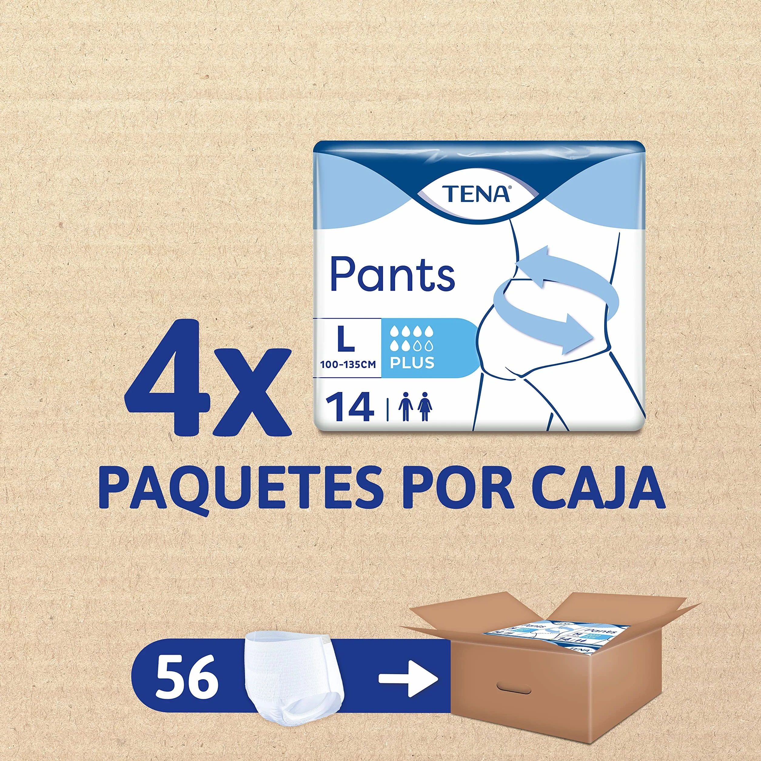 TENA Pants Plus x56 - Ropa Interior Absorbente para Incontinencia y Pérdidas de Orina Abundante - Diseño Unisex Cómodo y Transpirable - 56 Braguitas Desechables - Talla G - Paquete Mensual (4x14)
