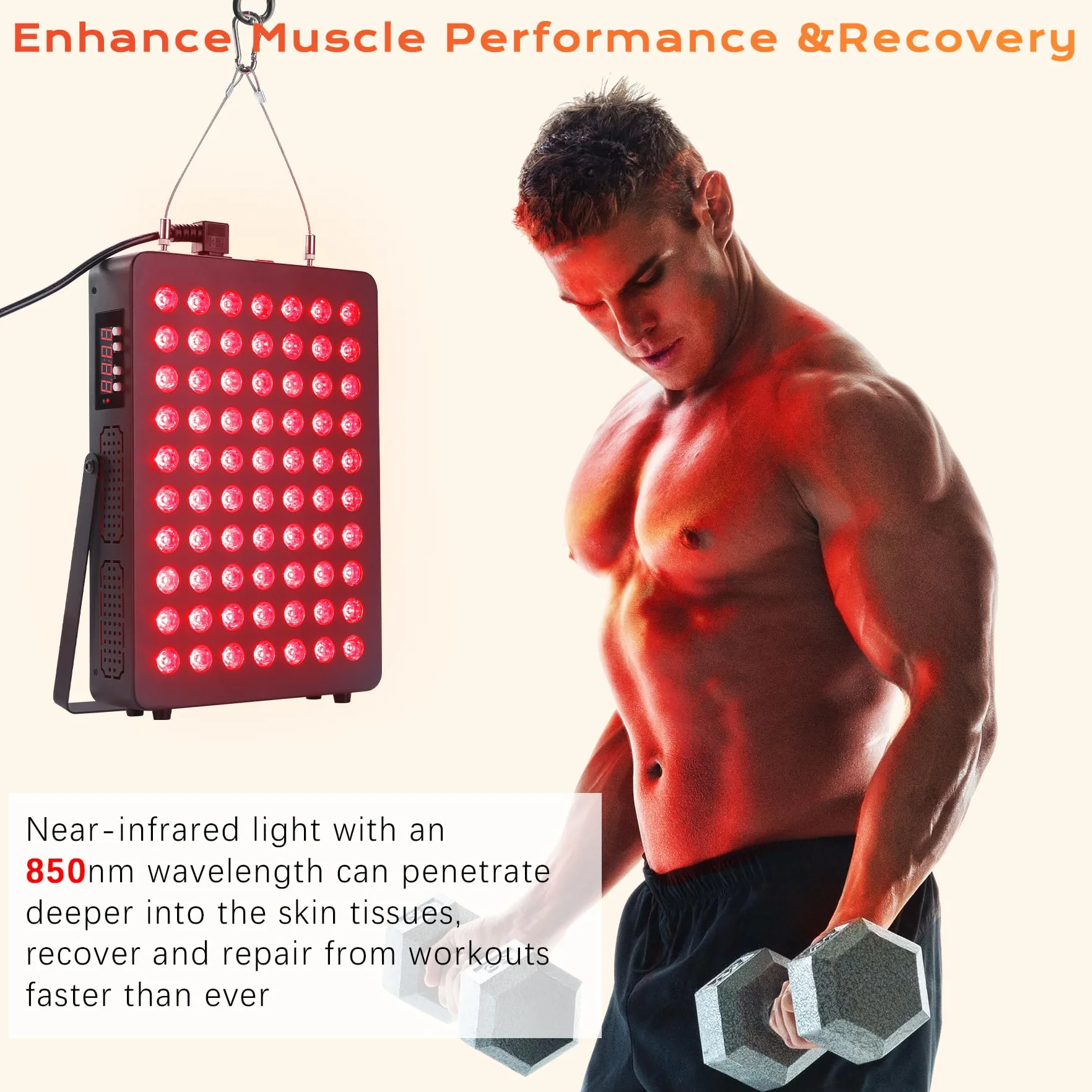 Luz Roja, Lámpara Infrarroja 660nm & 850nm, Lampara Luz Roja 120W Doble Chip 70 LEDs, con Temporizador y Soporte Ajustable, Red Light Therapy para Cara Y Cuerpo