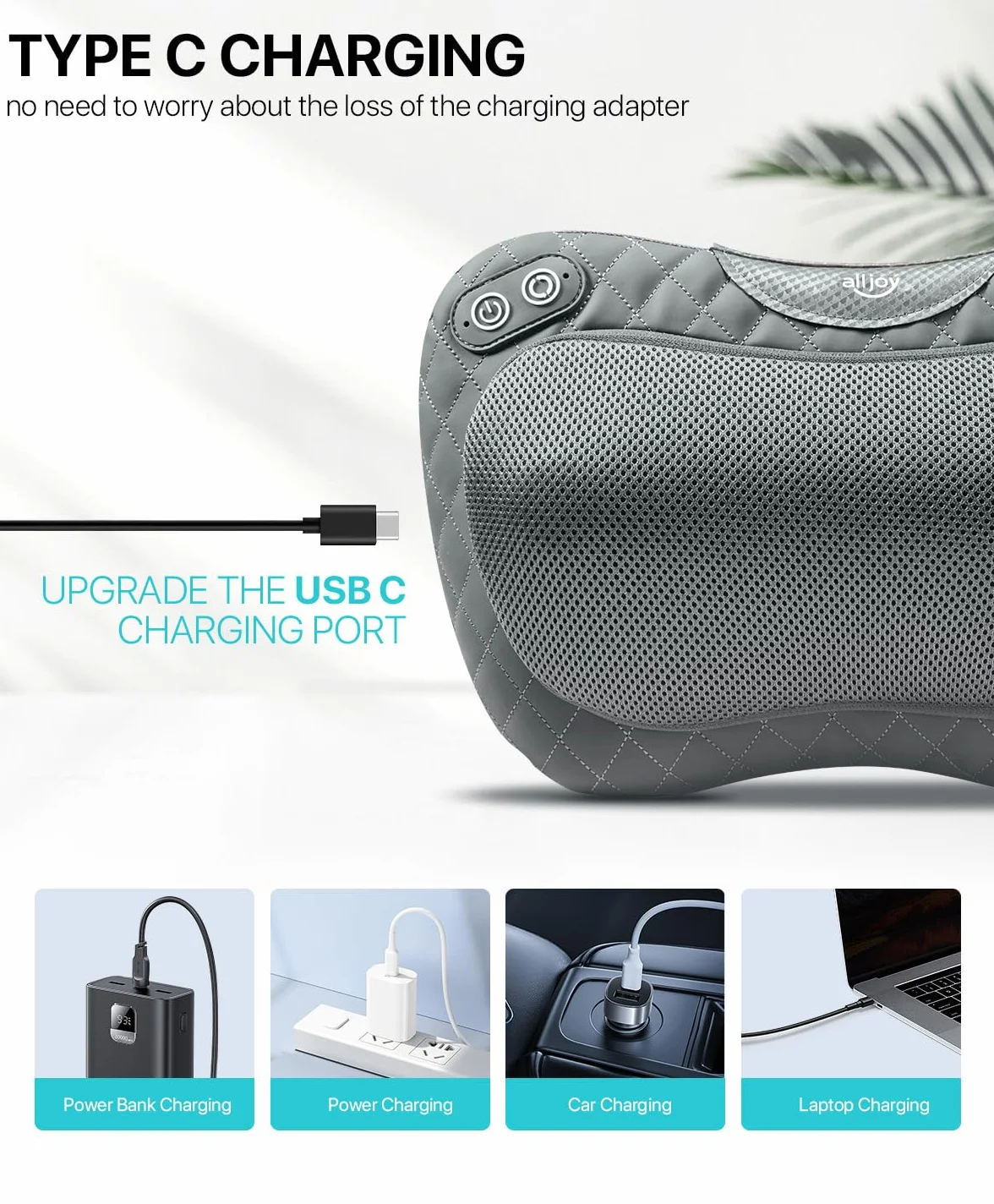 ALLJOY Cojín de Masaje Inalámbrico Shiatsu con Calor para Cuello y Espalda, 3 Niveles 4 Nodos, Regalo para Coche Hogar