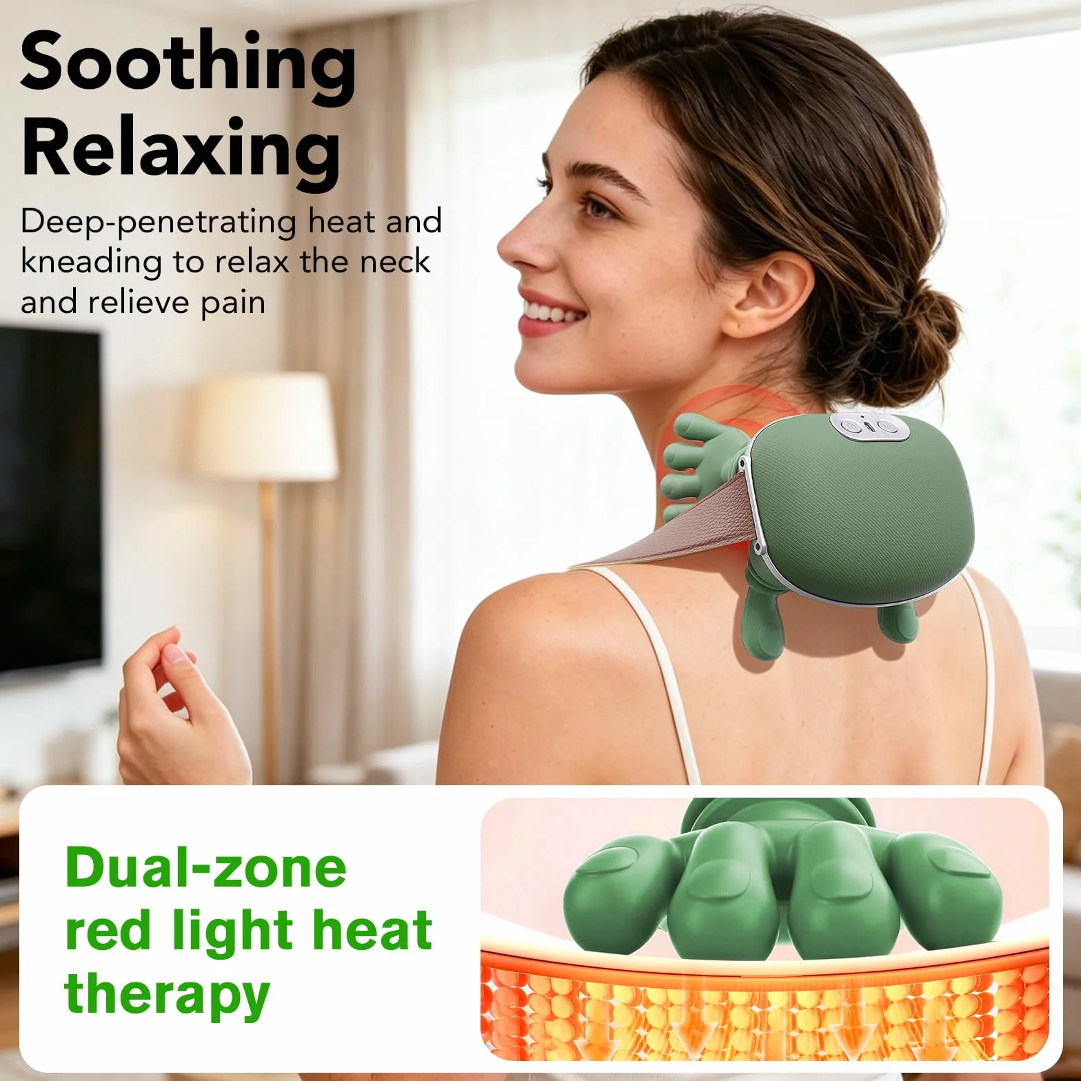 Masajeador Cervical y Espalda 4D, Masajeador de Hombros con Calor, 3 Velocidades, 2 Niveles de Calor, Verde