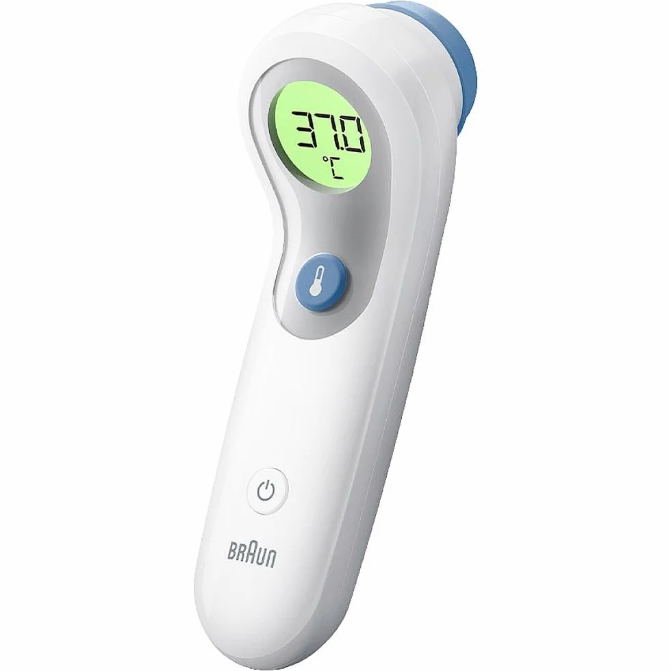 Braun Sensian 5 Termómetro de frente sin contacto,Guía de posicionamiento,Pantalla digital codificada por colores,Medición en 2 segundos,Apto para bebés y niños pequeños,BNT300