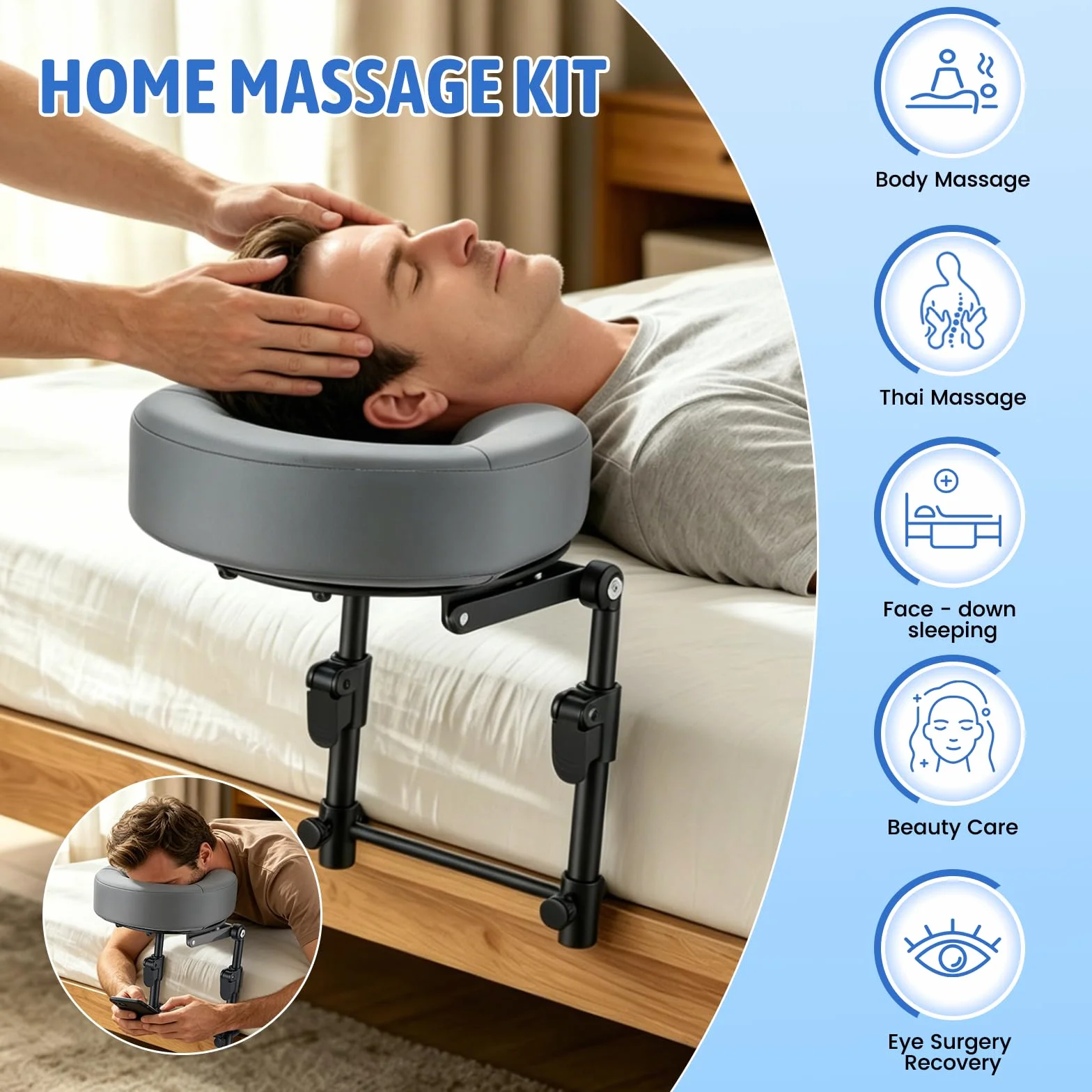 Reposacabezas de masaje ajustable para cama, soporte facial colchón 14-45cm, gris