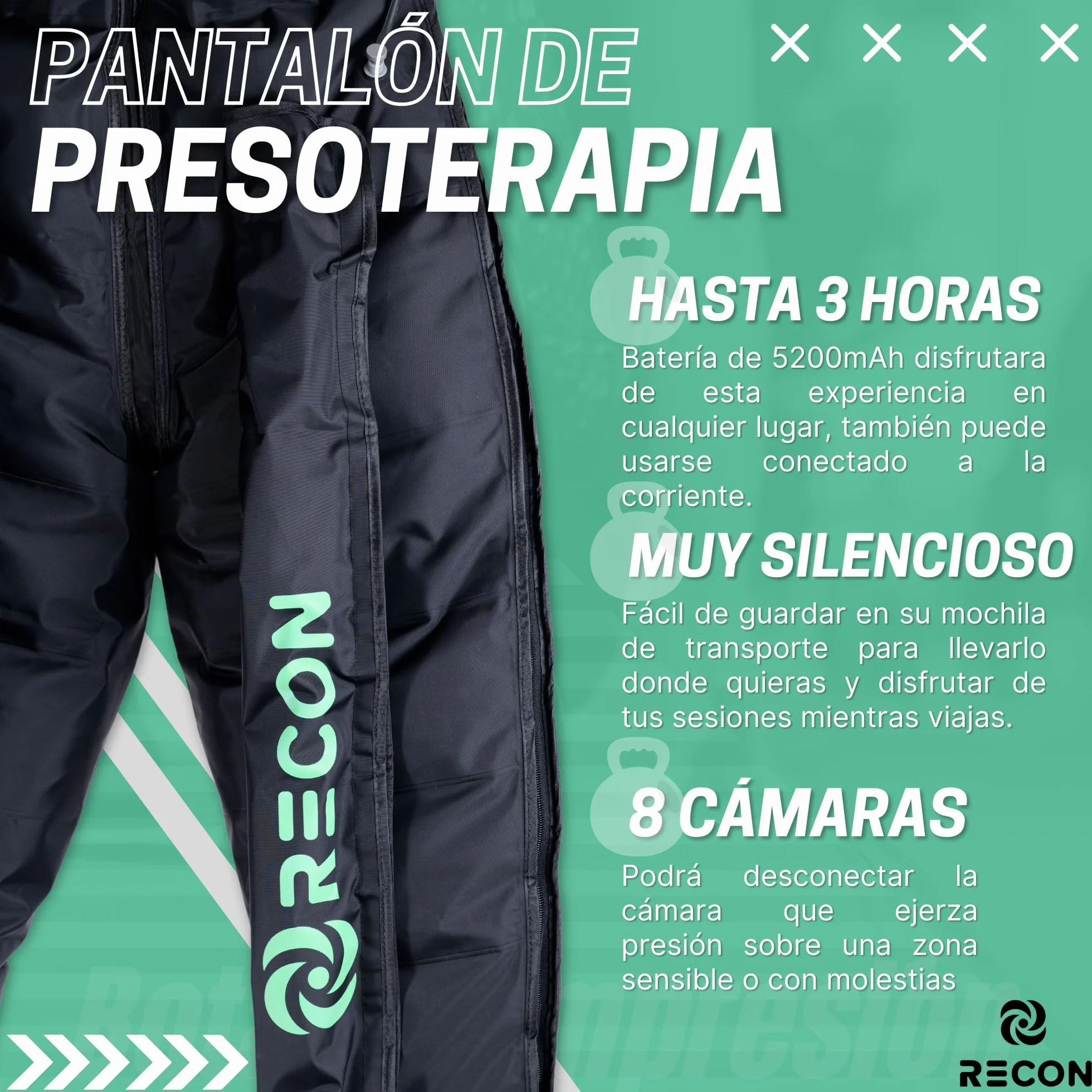Pantalón de Presoterapia Masajeador Recon 8 Cámaras 6 Modos Batería