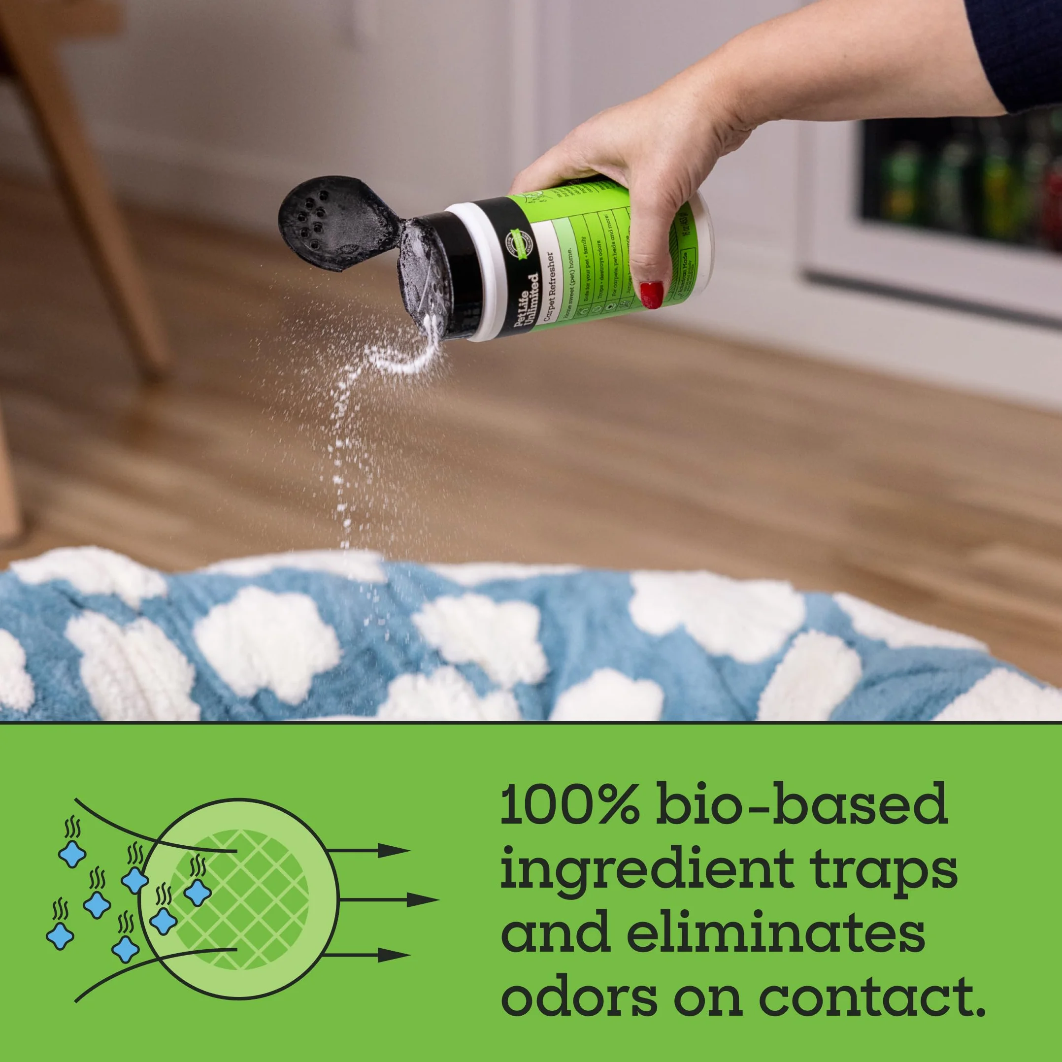 Pet Life Unlimited Polvo refrescante y desodorante para alfombras, seguro para mascotas, aroma de hoja de enebro a base de plantas, fabricado en Estados Unidos, 16 onzas (paquete de 1)