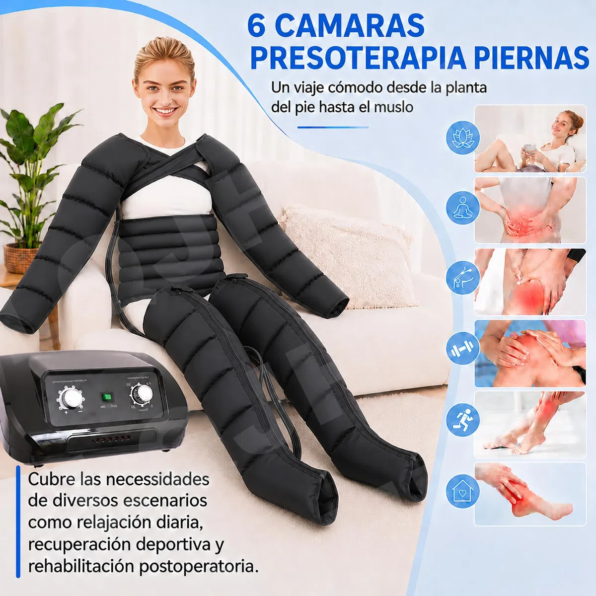 Presoterapia para Casa Abdomen y Piernas, Maquina Botas Aparato Presoterapia Profesional Pierna, 6 camaras Masajeador Circulación (Negro Piernas+Abdomen+Brazos, L+10CM Banda Ancha)