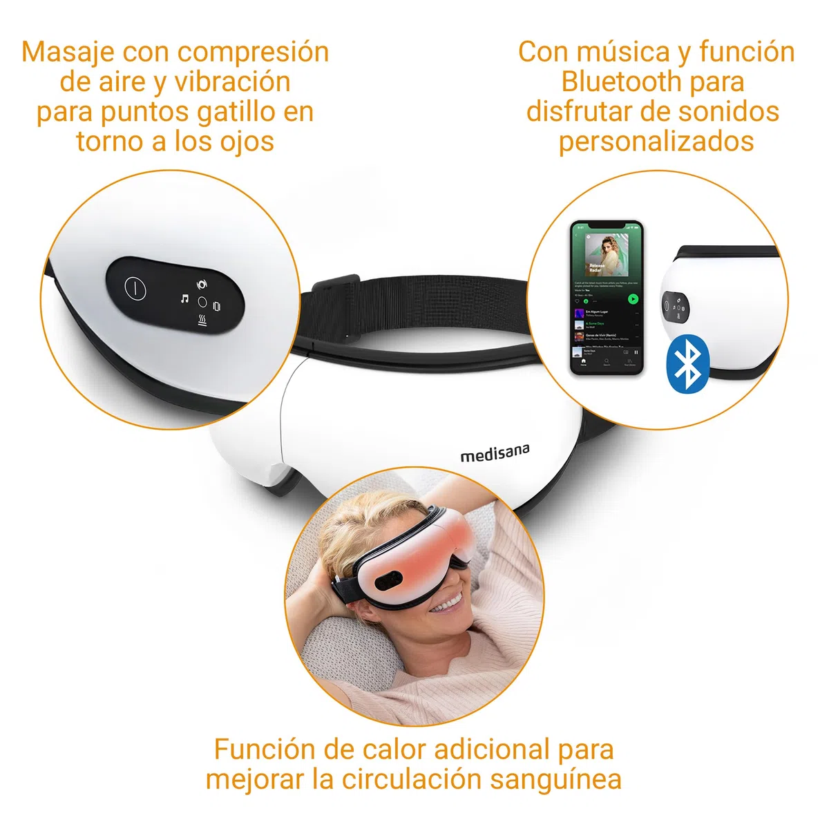 medisana EM 100 masajeador de ojos, masajeador facial electrico para dolores de cabeza, fatiga ocular, hinchazón o migraña, máscara ocular con masaje, calor y música, masajeador muscular plegable