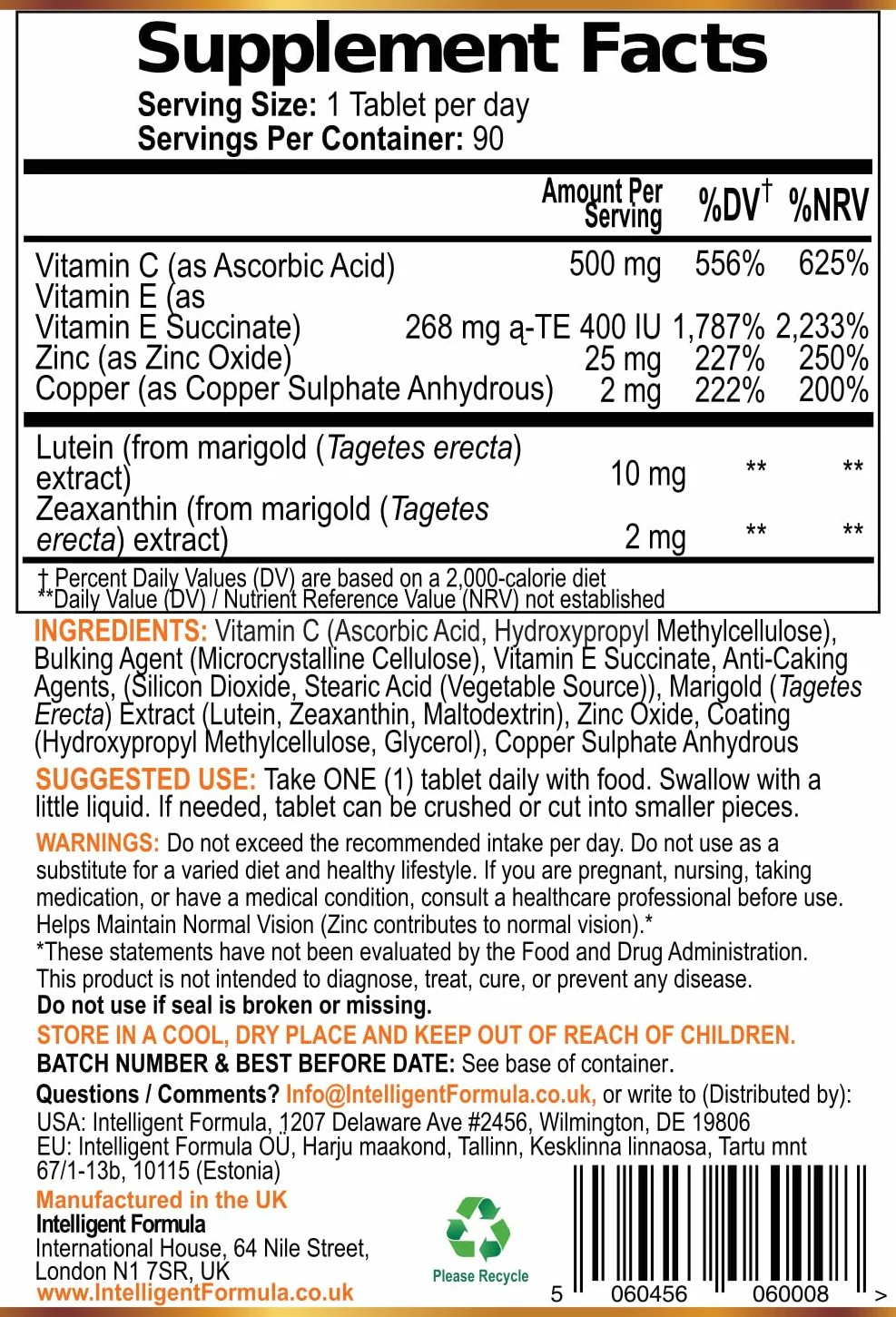 Vision Defender AMD Vitaminas para los ojos AREDS2 – Fórmula AREDS 2 exacta con luteína y zeaxantina, vitaminas C y E, zinc 25 mg y cobre – 90 comprimidos veganos para el apoyo de la salud visual