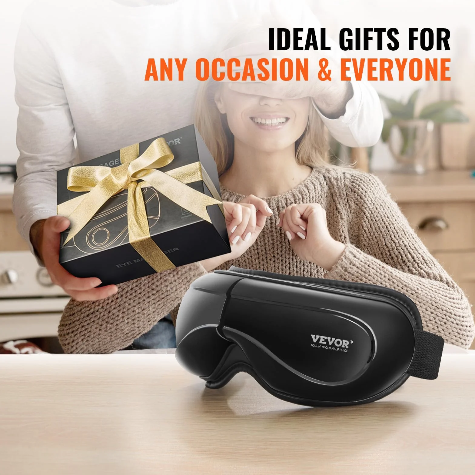 VEVOR Masajeador de Ojos con Calefacción 5 Modos y Música Bluetooth, Masajeador de Ojos Plegable de 180° para Fatiga Visual, Ojos Secos, Ojeras, Regalo Ideal para Mamá/Papá, Negro, 208 x 40 x 99 mm