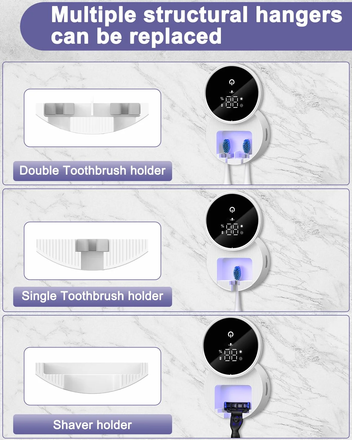 Desinfectante y soporte para cepillos de dientes UV, desinfectante para cepillo de dientes montado en la pared con función de esterilización y secado, pantalla inteligente LED, cubierta autoinductiva