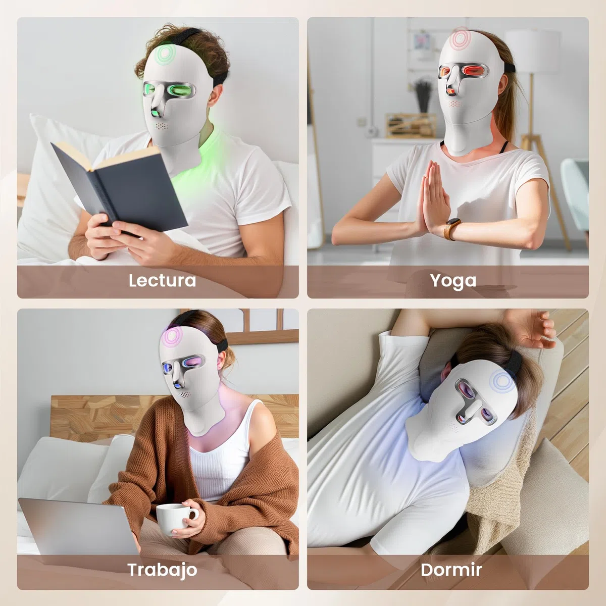 Máscara LED para Cara y Cuello Recargable USB-C con 7 Modos de Luz Diseño Inalámbrico para Uso Diario Hogar Viajes Yoga (Plata)