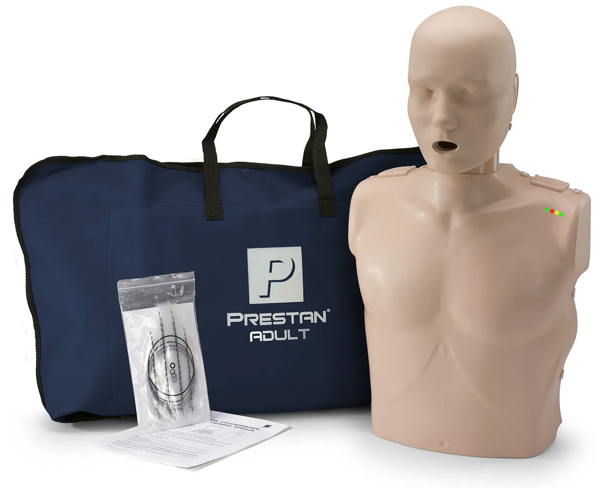 PRESTAN maniquí profesional de entrenamiento RCP para adultos con monitor de ritmo de RCP | Tono de piel medio | Incluye 10 bolsas pulmonares con protector facial y bolsa de transporte