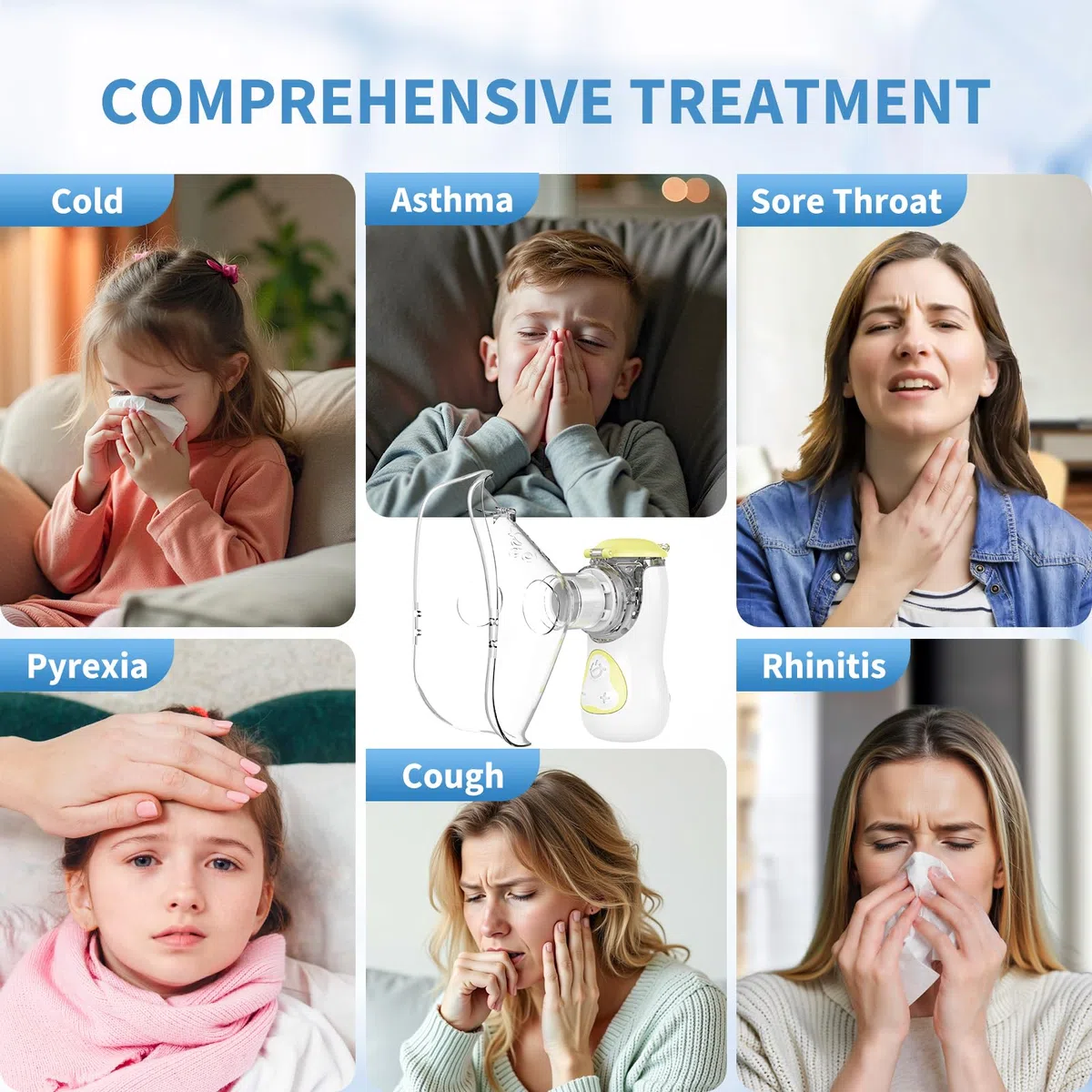 FEELLIFE Nebulizador Portatil para Bebe y Adultos, Nebulizador Silencioso Tasa de Atomización Ajustable, Inhalador Recargable para El Tratamiento de Tos, Asma, Enfermedades Respiratorias-Amarillo