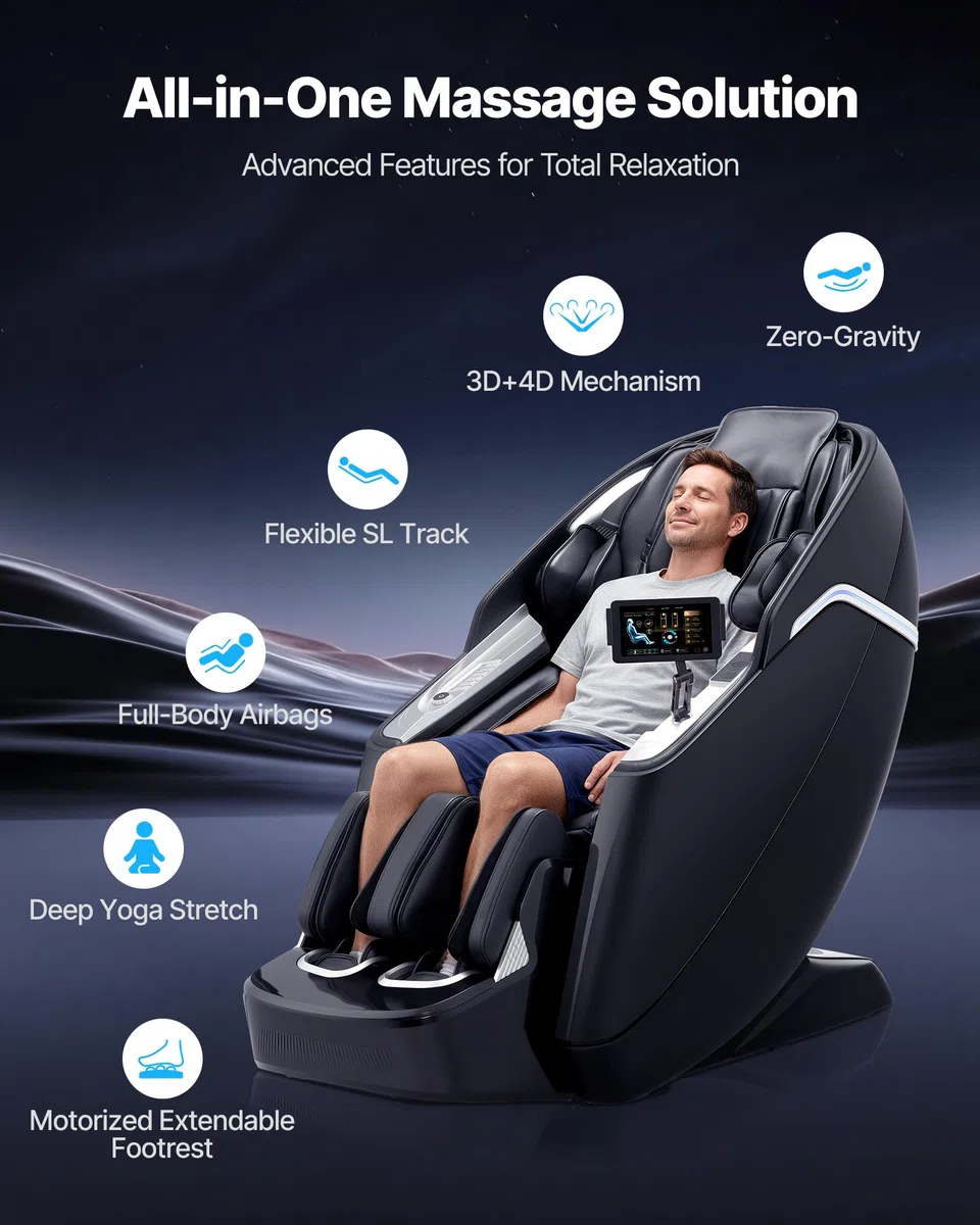 VEVOR Sillón de Masaje con Gravedad Cero y SL-Riel, Modo de Estiramiento de Yoga, Masaje 3D/4D con Voz IA, Calefacción, Pedal Eléctrico, 36 Airbags, Pantalla TFT, Botones en el Reposabrazos, Ruedas