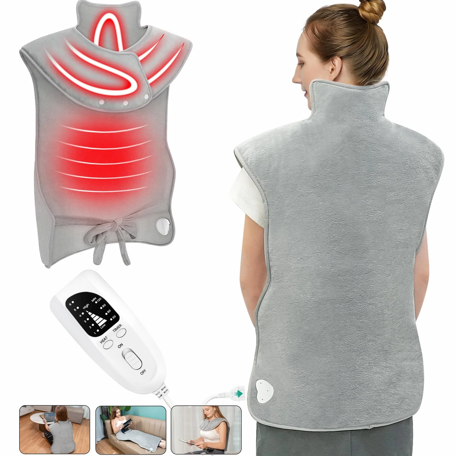 Cojín térmico para espalda, hombros y cuello, con apagado automático, lavable a máquina, 6 niveles de temperatura, con 4 temporizadores, almohadilla térmica para la espalda (100 x 60 cm)