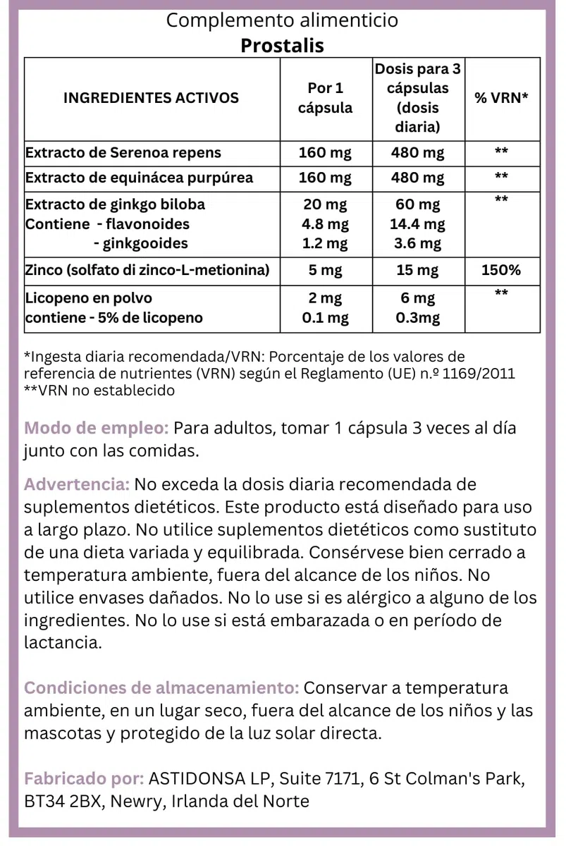 Prostalis – Complemento Alimenticio Vegetal para Hombres – 30 Cápsulas con Equinácea, Ginkgo biloba, Zinc y Licopeno. (3)