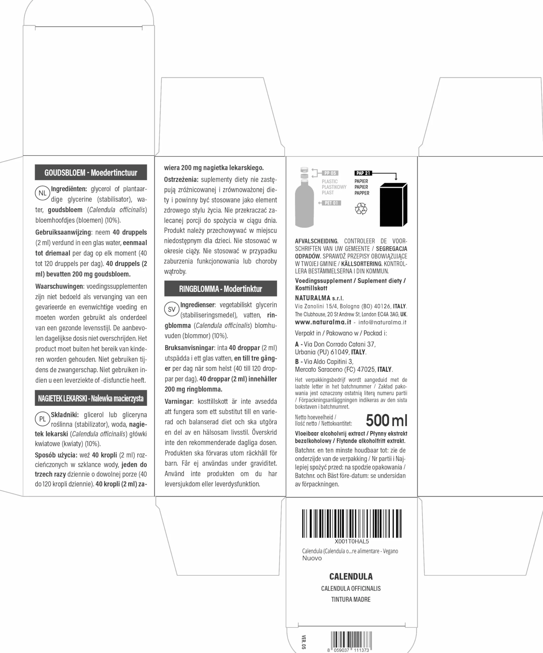 Caléndula (Calendula officinalis) capítulos florales Tintura Madre sin alcohol Naturalma - Extracto líquido gotas 500 ml - Complemento alimenticio - Vegano