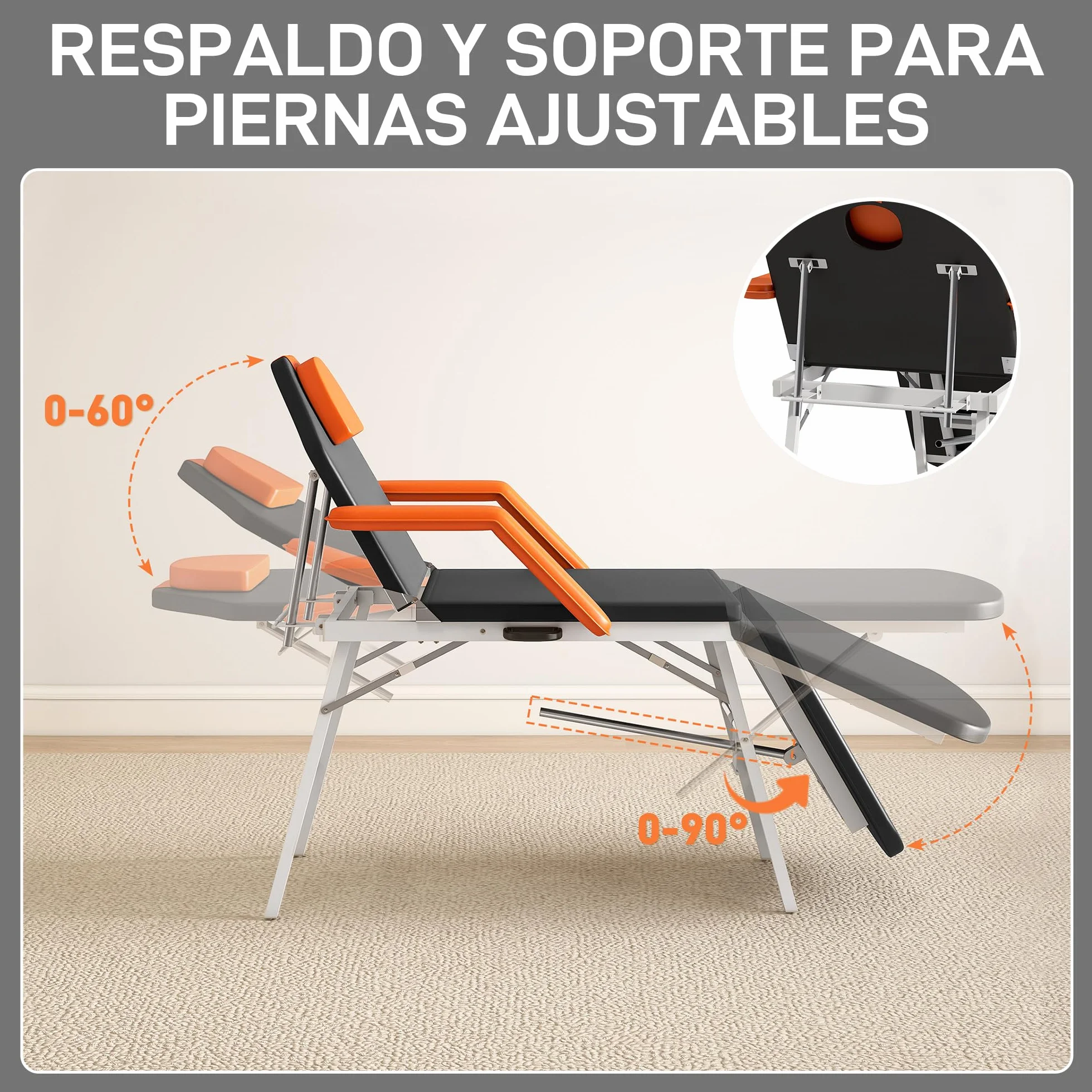 HOMCOM Camilla Masaje Plegable Portátil 3 Zonas Respaldo Soporte Piernas Ajustables Reposacabezas Extraíble Reposabrazos Acolchados SPA 182x82 cm Naranja