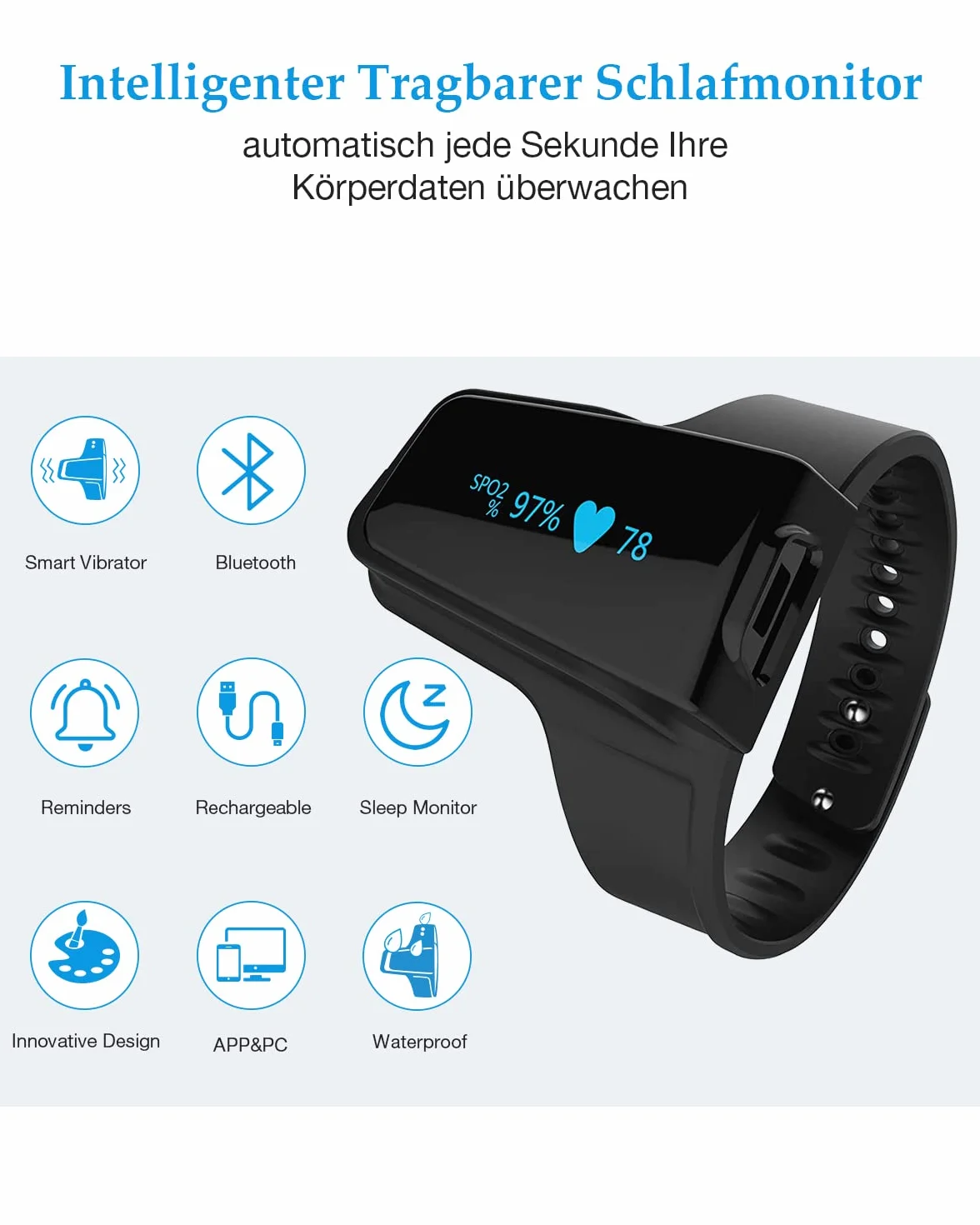 Pulsioximetro,72 horas de Duración de la Batería Oxímetro de Pulso Medidor de Saturación de Oxígeno Bluetooth Dedo Muñeca Monitor de Sueño Portátil con Aplicación Gratuita