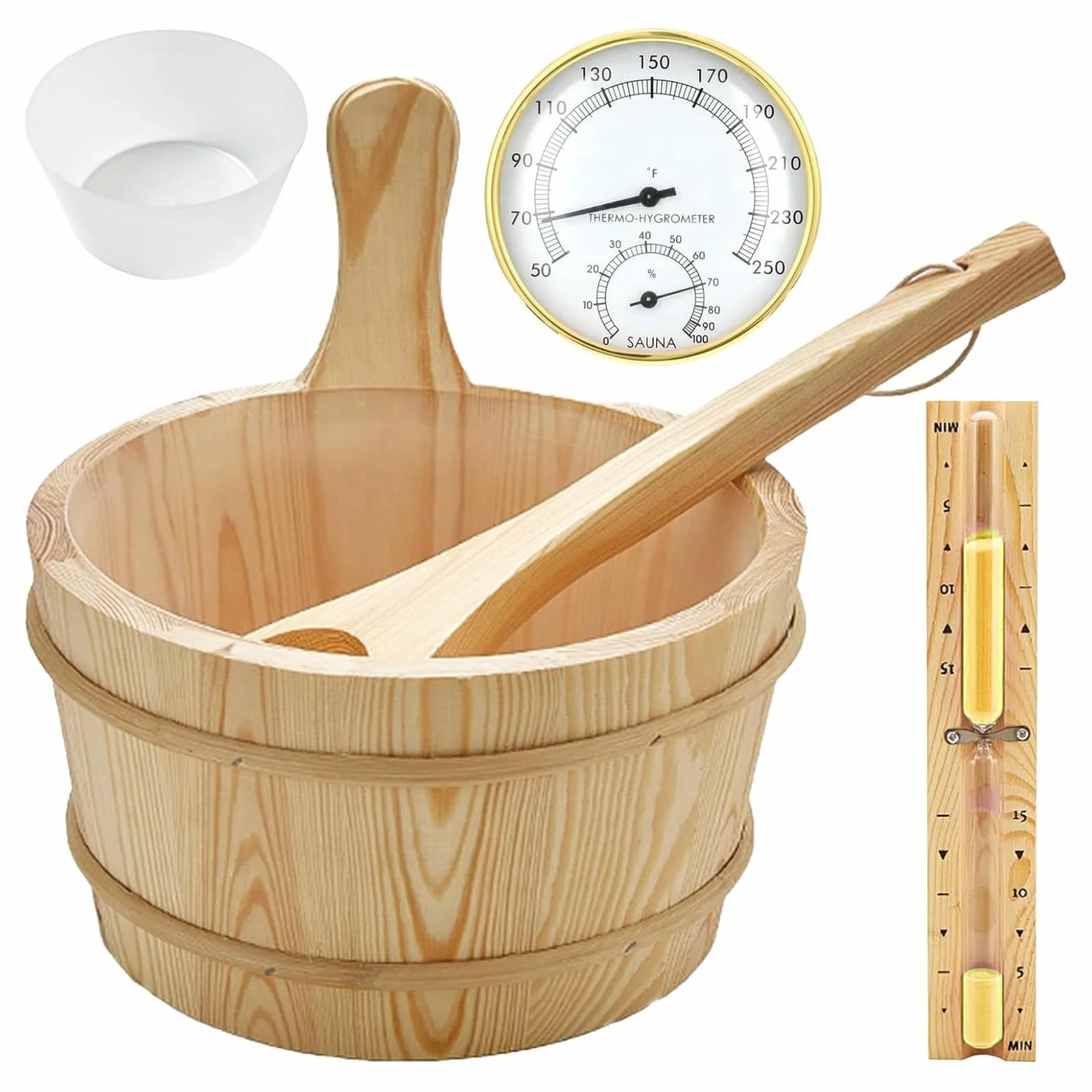 Juego de cubos para sauna (4 litros), cubo de sauna con paleta, cubo de sauna de madera con cucharón, reloj de arena, termo, higrómetro, cubo de sauna resistente al calor, 4 l, incluye inserto