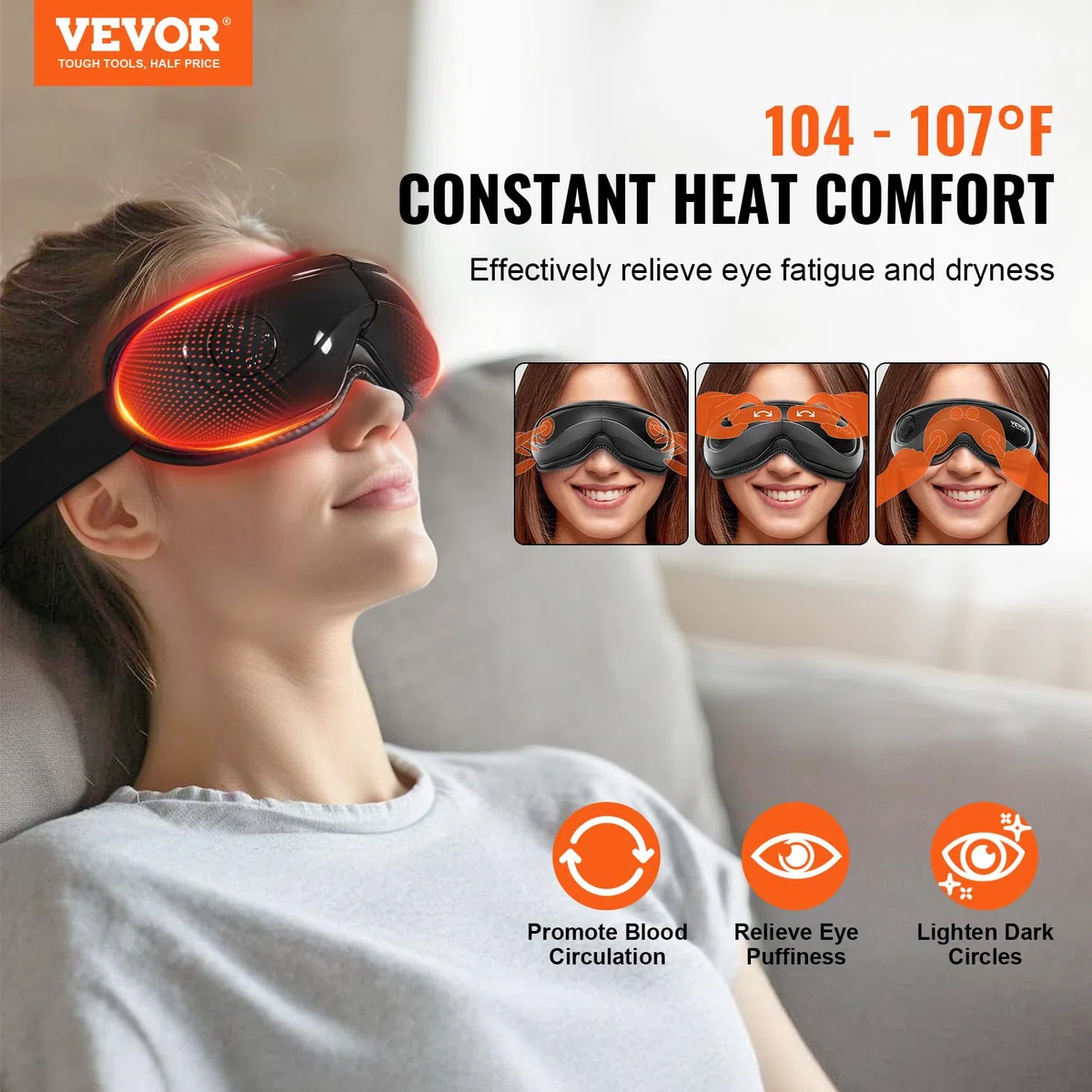 VEVOR Masajeador de Ojos con Calefacción 5 Modos y Música Bluetooth, Masajeador de Ojos Plegable de 180° para Fatiga Visual, Ojos Secos, Ojeras, Regalo Ideal para Mamá/Papá, Negro, 208 x 40 x 99 mm