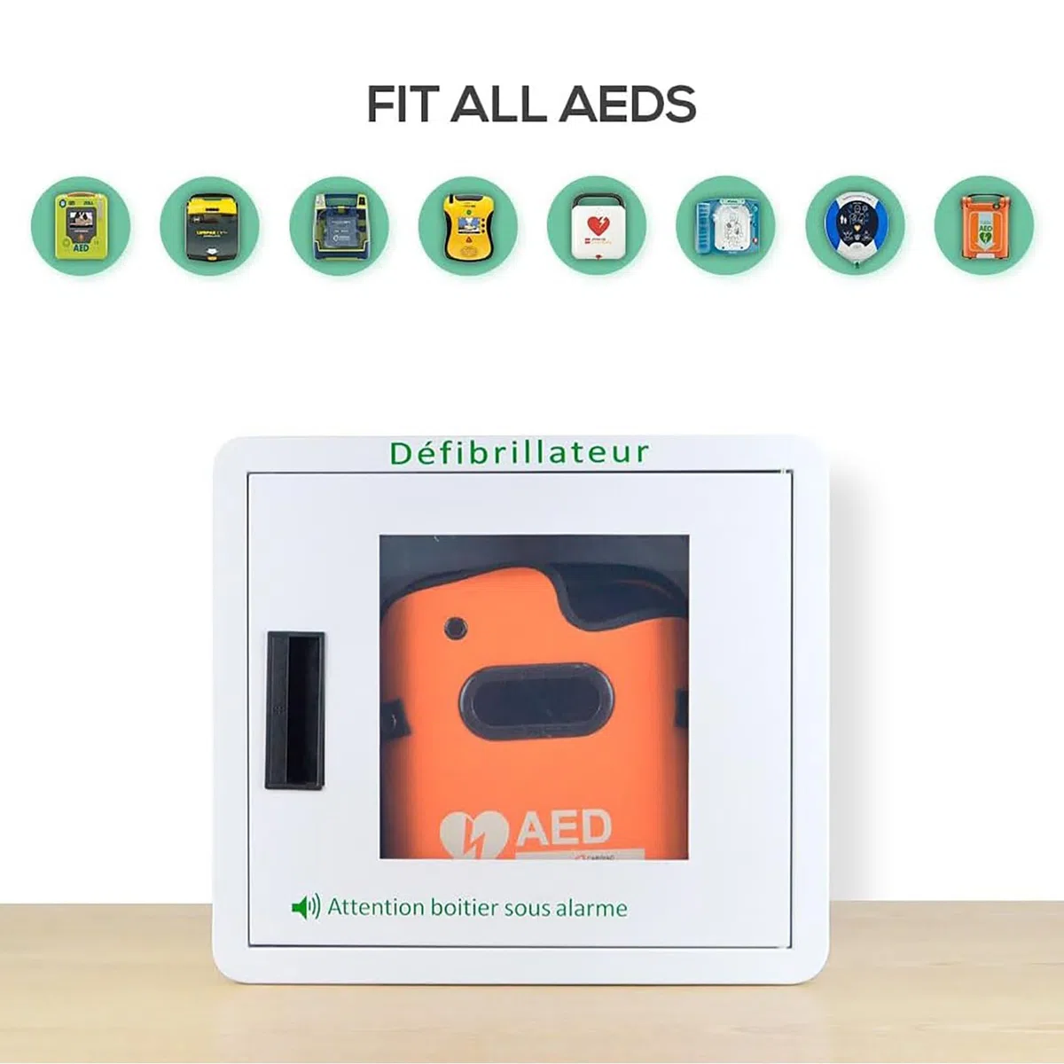 Gabinete de almacenamiento para desfibrilador DEA, caja de alarma de desfibrilación cardíaca con sistema de alarma, diseño de esquinas redondeadas, se adapta a la mayoría de los modelos DEA, para