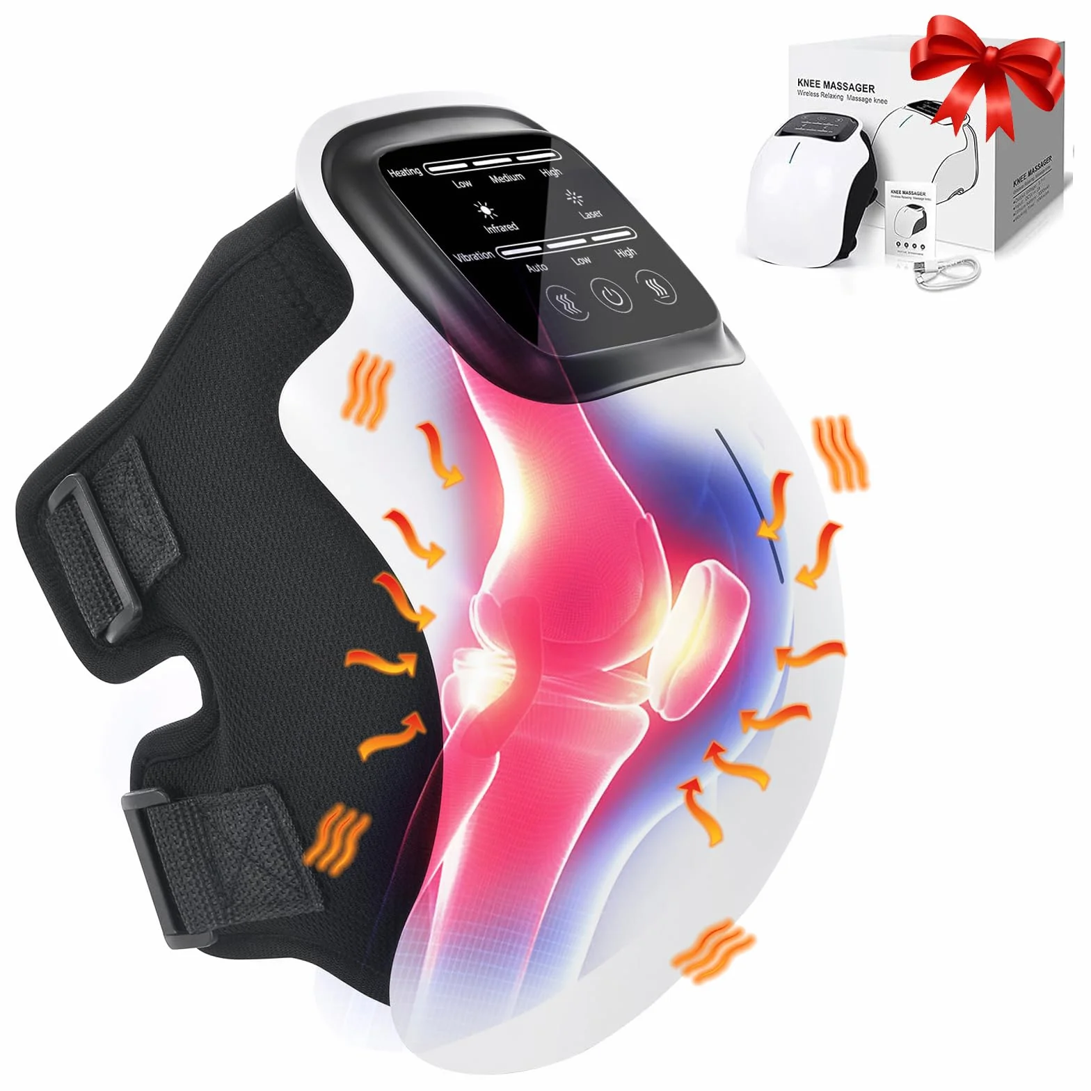 Masajeador de Rodillas Inalámbrico con Calor Infrarrojo, Banda Ajustable 48 cm, Pantalla Táctil LED, USB Tipo-C