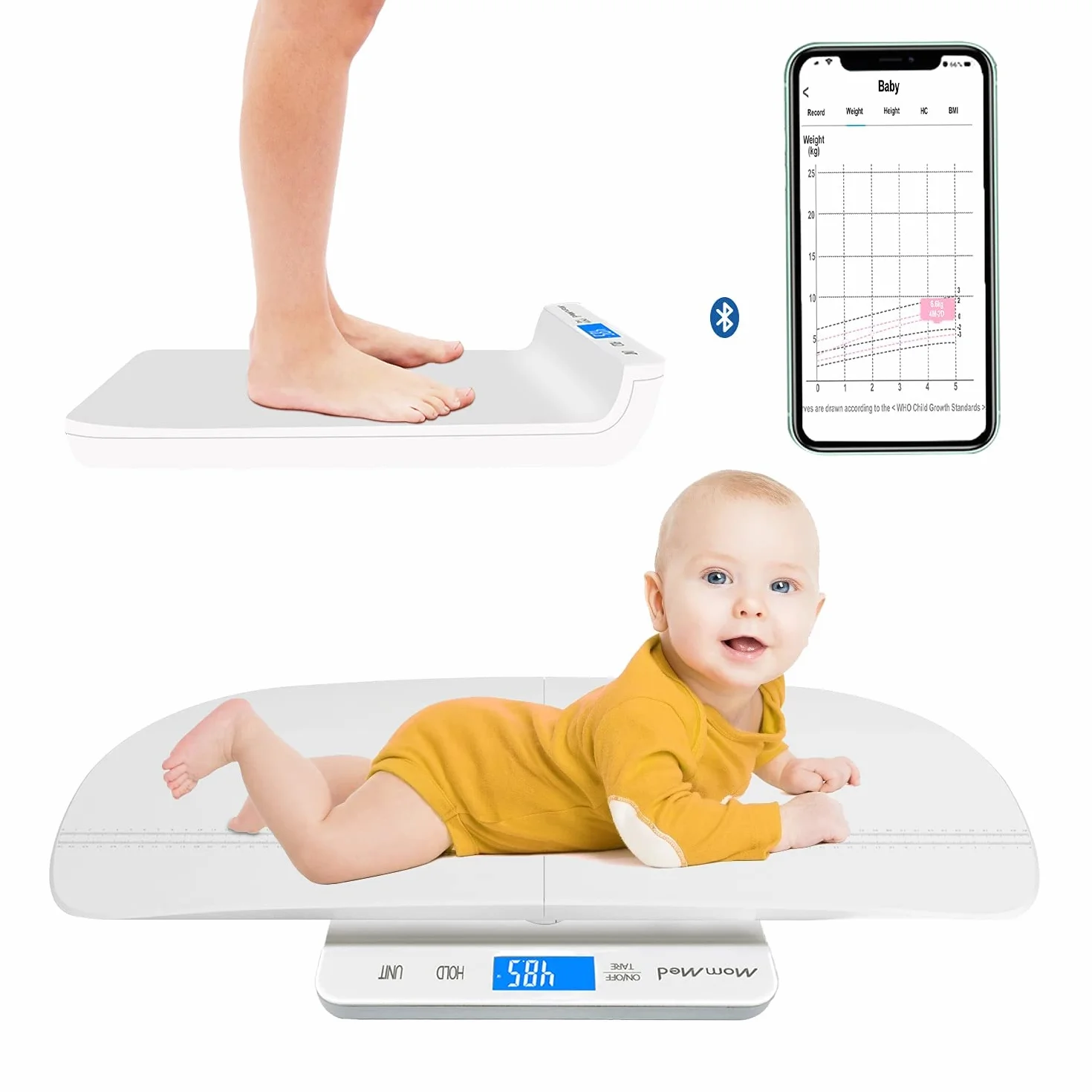 Báscula digital para bebé Bluetooth con aplicación Baby Fit, peso en libras y onzas, multifunción para mascotas y niños