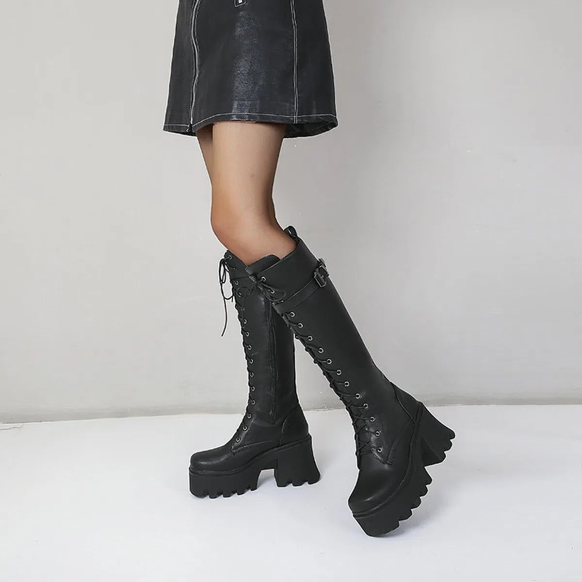 9CM/ 3.54IN Nuevo otoño e Invierno con Cordones Botas Altas Suela Gruesa tacón Grueso Super High Heel Rider Botas Botas hasta la Rodilla