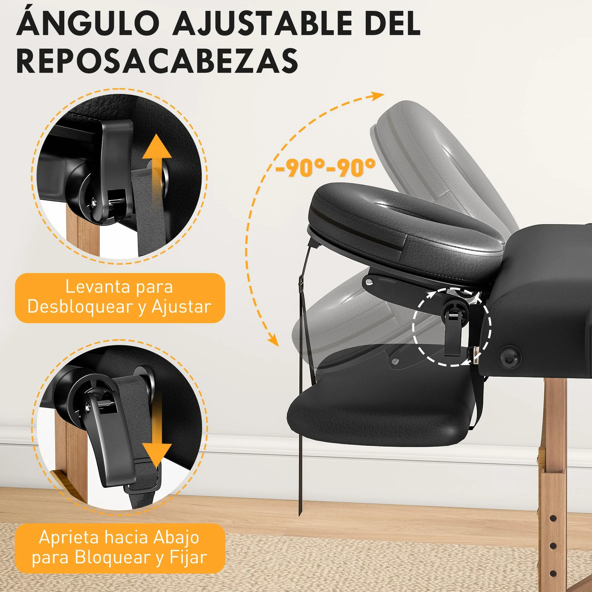 HOMCOM Camilla Masaje Plegable Portátil 3 Zonas Madera Altura Ajustable Reposacabezas Reposabrazos Acolchados SPA Tatuajes 215x60x62-89 cm Negro