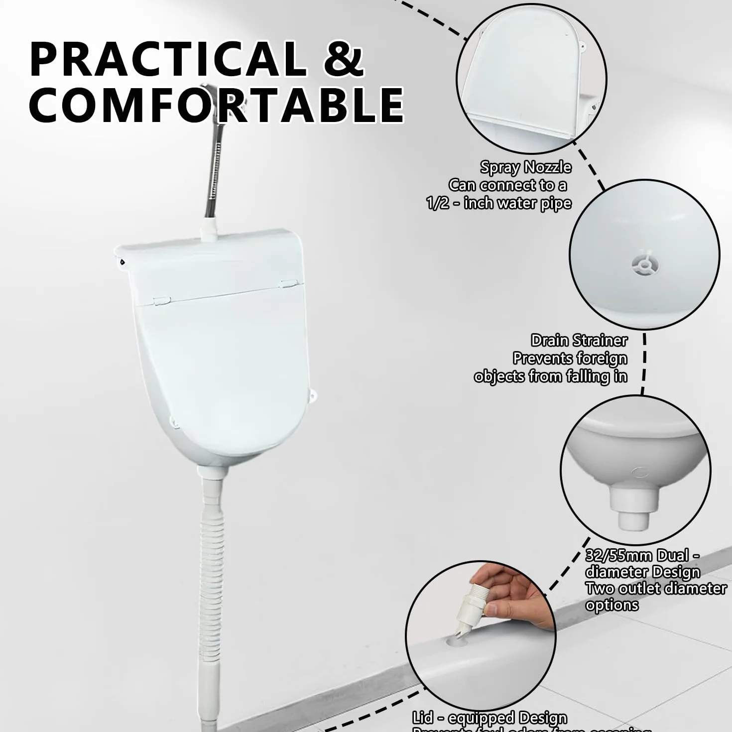 Orinal de plástico con tapa, Orinal para hombres montado en pared pissoir WC set, Orinal sin perforar para casa, garaje, jardín, camping y construcción Blanco