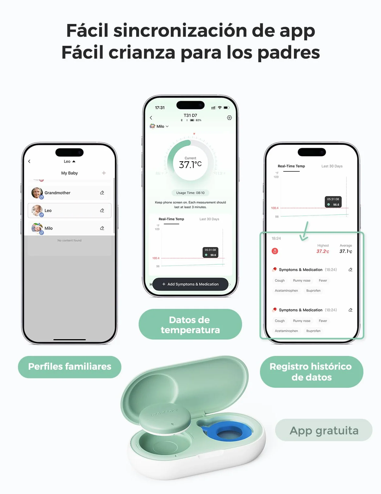 Momcozy Termometro Digital Bebe con Precisión de Grado Médico, Termometro Inteligente Bebe con Lectura Instantánea, Monitoreo en Tiempo Real vía App para Bebés y Niños, Parche Hipoalergénico 3M