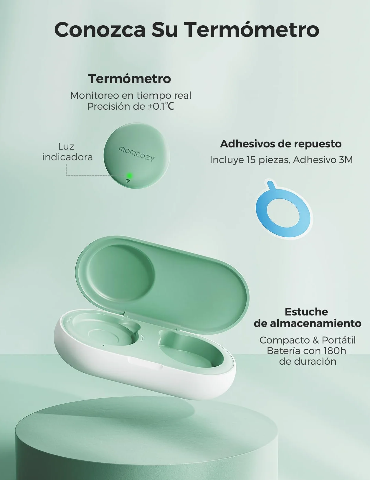 Momcozy Termometro Digital Bebe con Precisión de Grado Médico, Termometro Inteligente Bebe con Lectura Instantánea, Monitoreo en Tiempo Real vía App para Bebés y Niños, Parche Hipoalergénico 3M