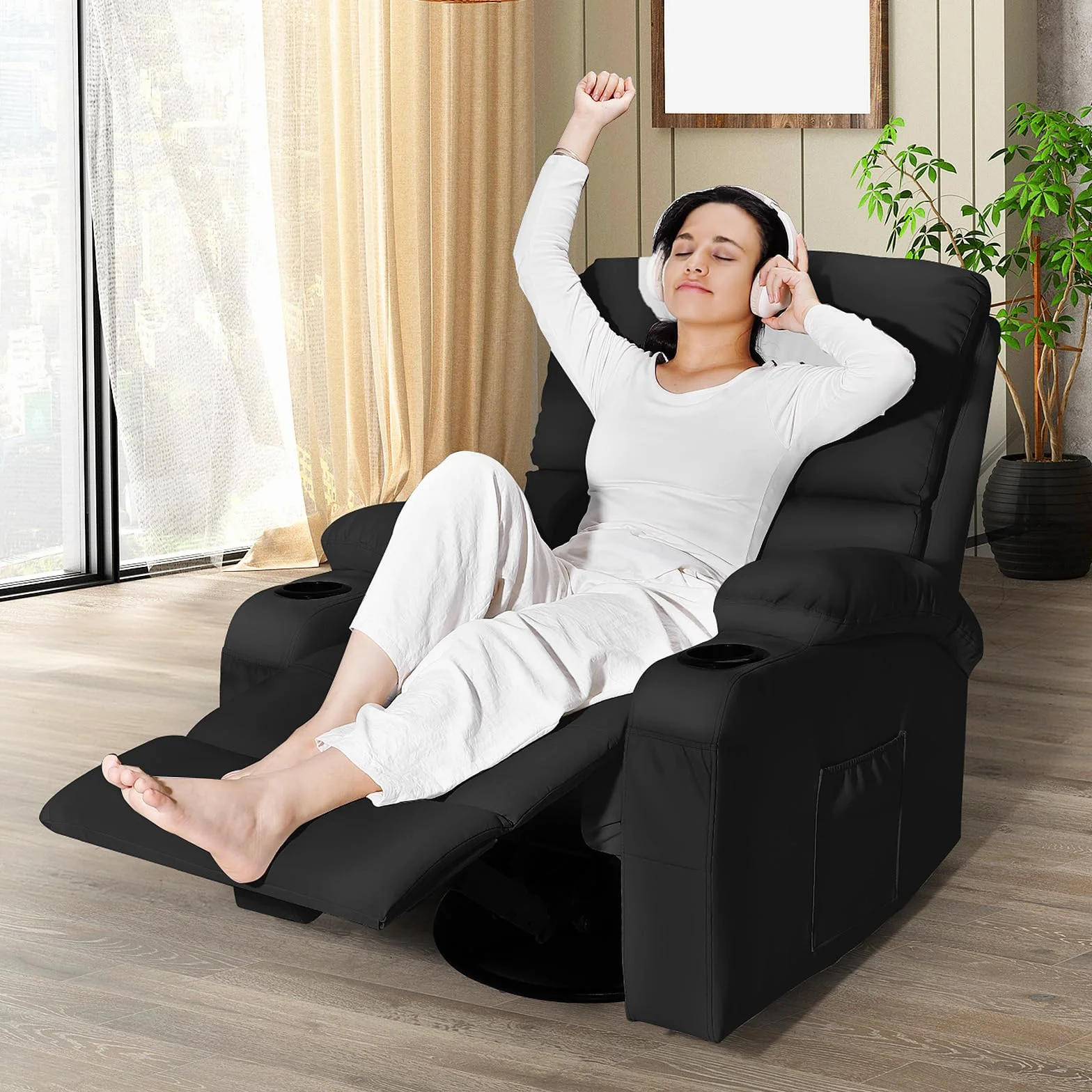 Sillón de Masaje Reclinable Rocking con Vibración y Calor, USB y Tipo C, Piel Sintética, Giratorio 360°, Negro