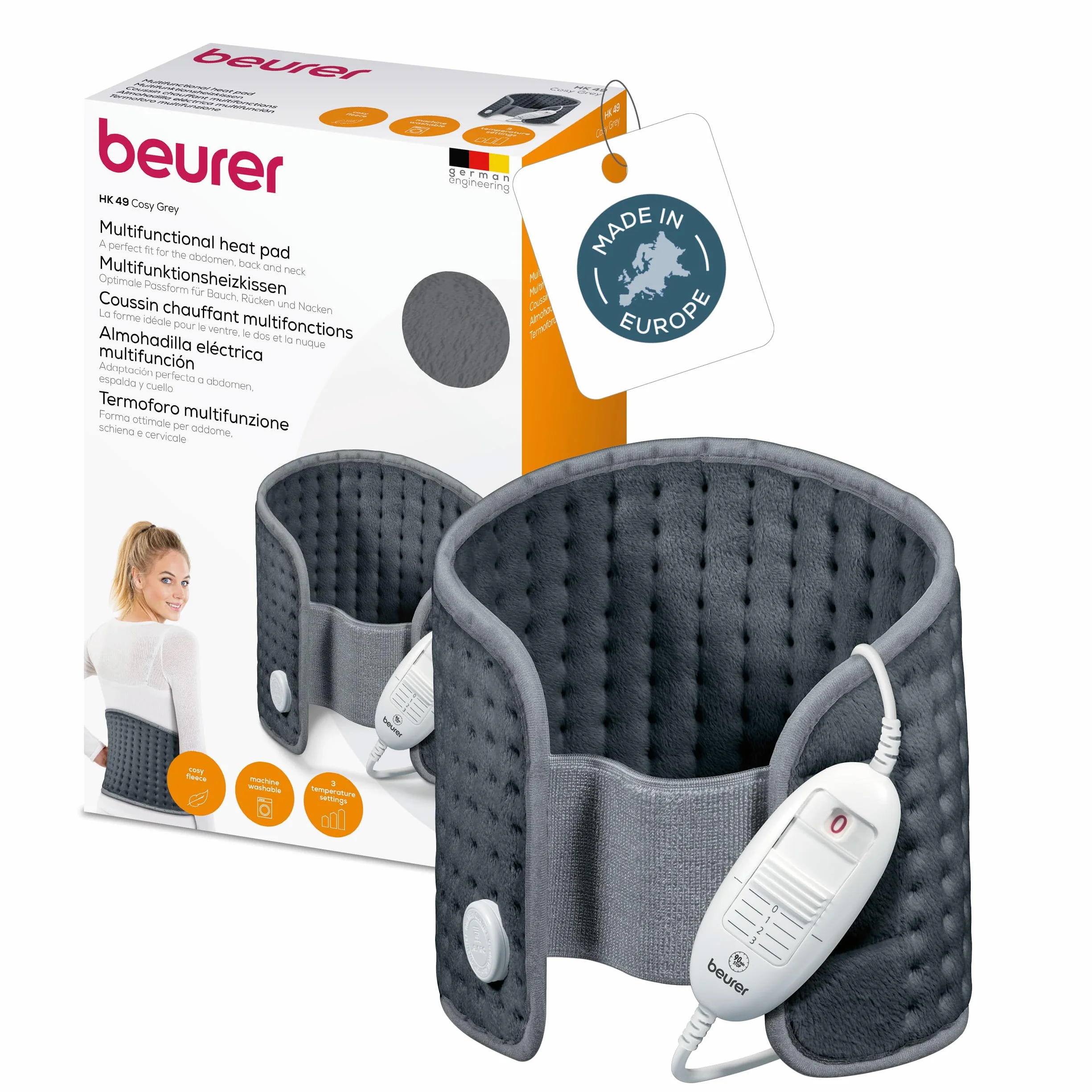 Beurer HK 49 Cosy Almohadilla eléctrica, para uso en abdomen y espalda, con banda elástica y cierre de velcro, desconexión automática, lavable a máquina, gris