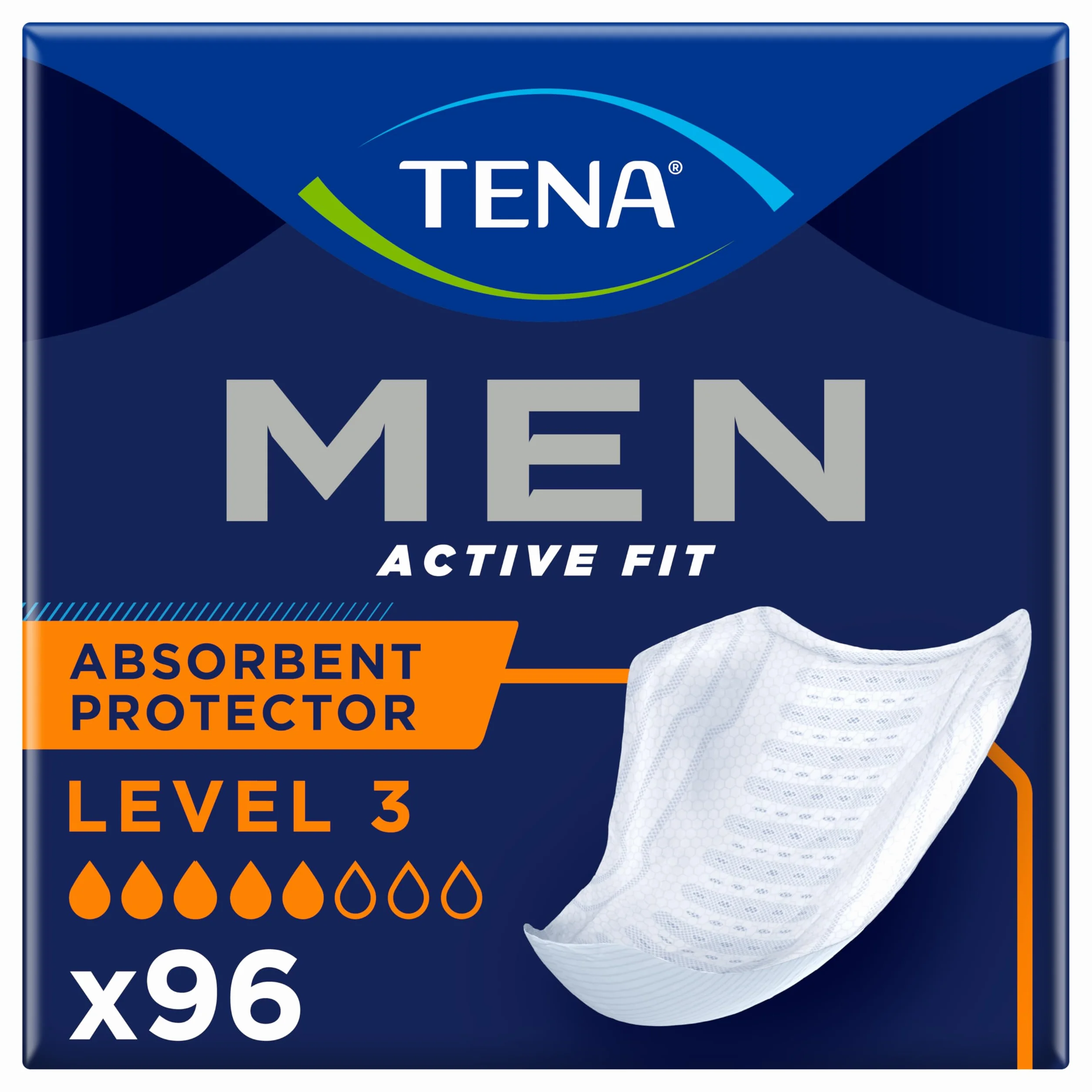 Tena Protector absorbente Active Fit para hombre, nivel 3, 6 paquetes de 16 (96 unidades)