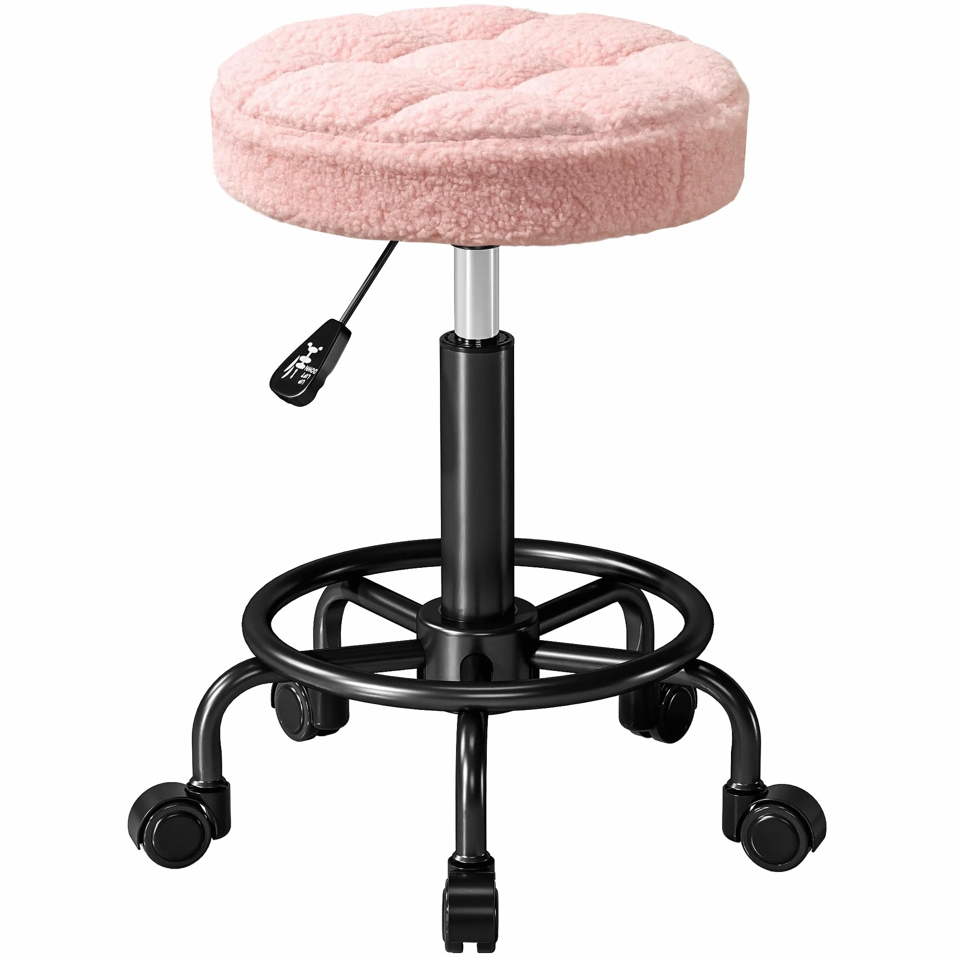 HOMCOM Taburete Giratorio Redondo con Ruedas Altura Regulable 50-66 cm Asiento Tapizado Tejido Borreguito Rosa